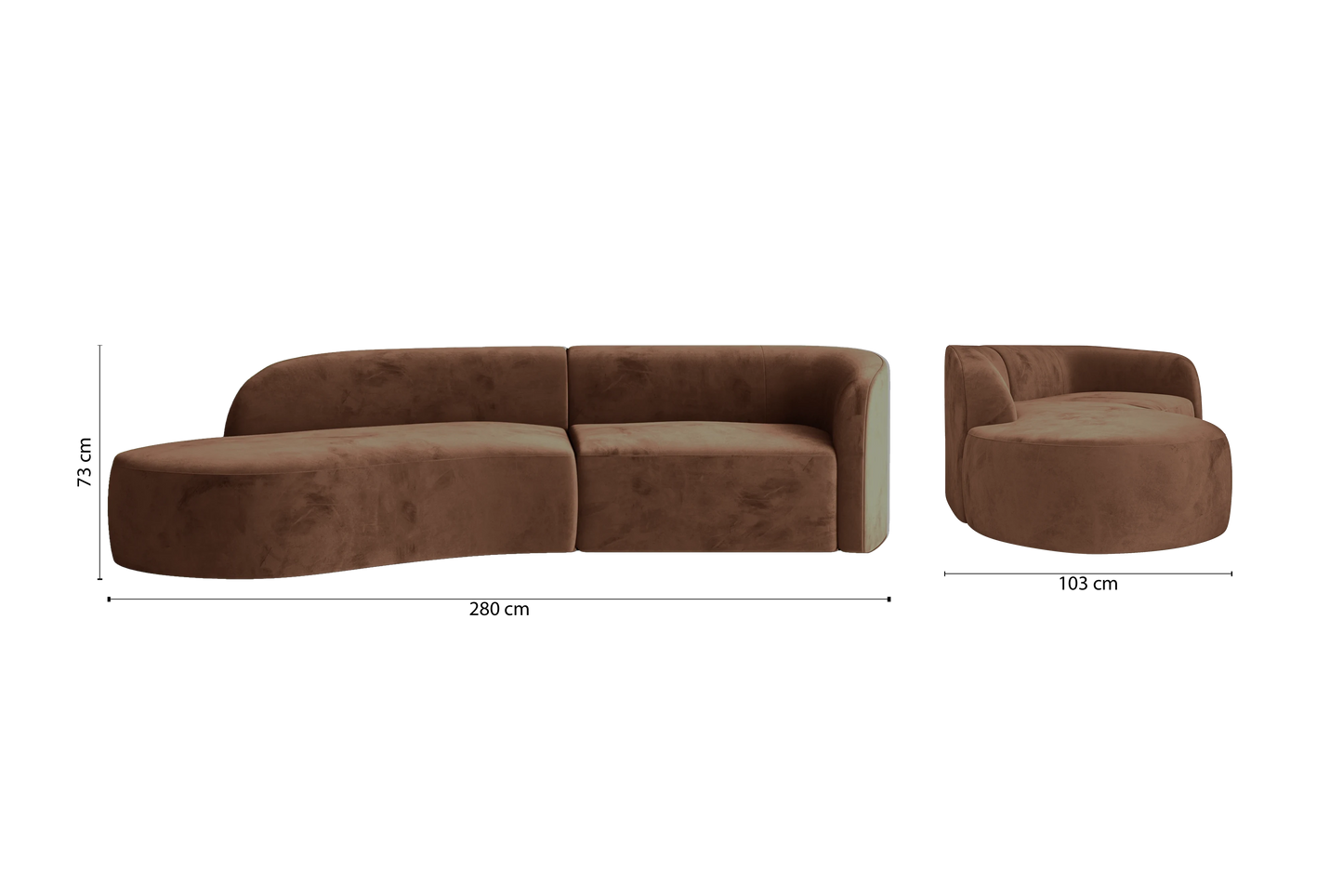 Caserta 3 Seater Left Hand Facing Chaise Lounge Corner Sofa Coffee Brown Velvet