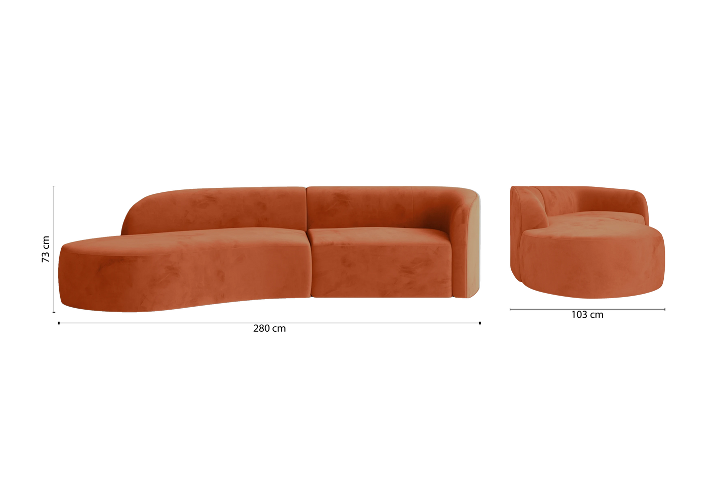 Caserta 3 Seater Left Hand Facing Chaise Lounge Corner Sofa Orange Velvet