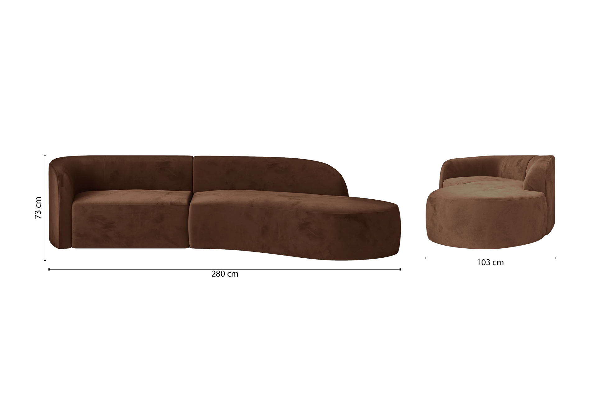 Caserta 3 Seater Right Hand Facing Chaise Lounge Corner Sofa Coffee Brown Velvet