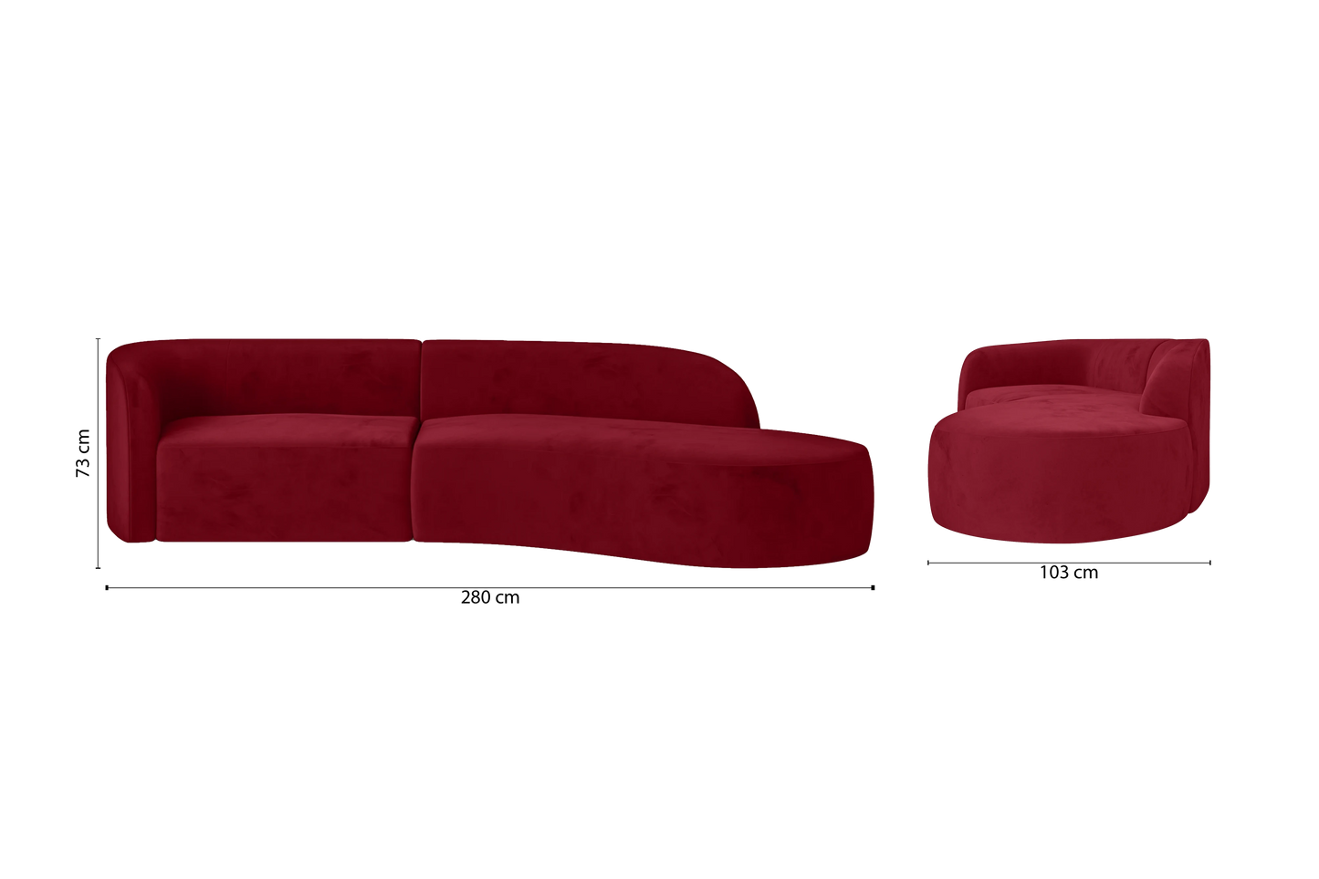 Caserta 3 Seater Right Hand Facing Chaise Lounge Corner Sofa Red Velvet