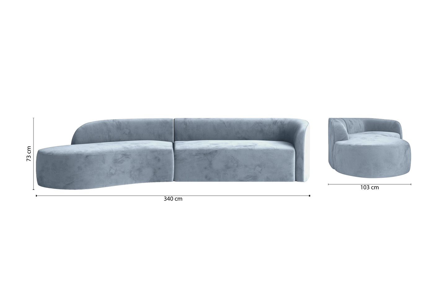 Caserta 4 Seater Left Hand Facing Chaise Lounge Corner Sofa Baby Blue Velvet