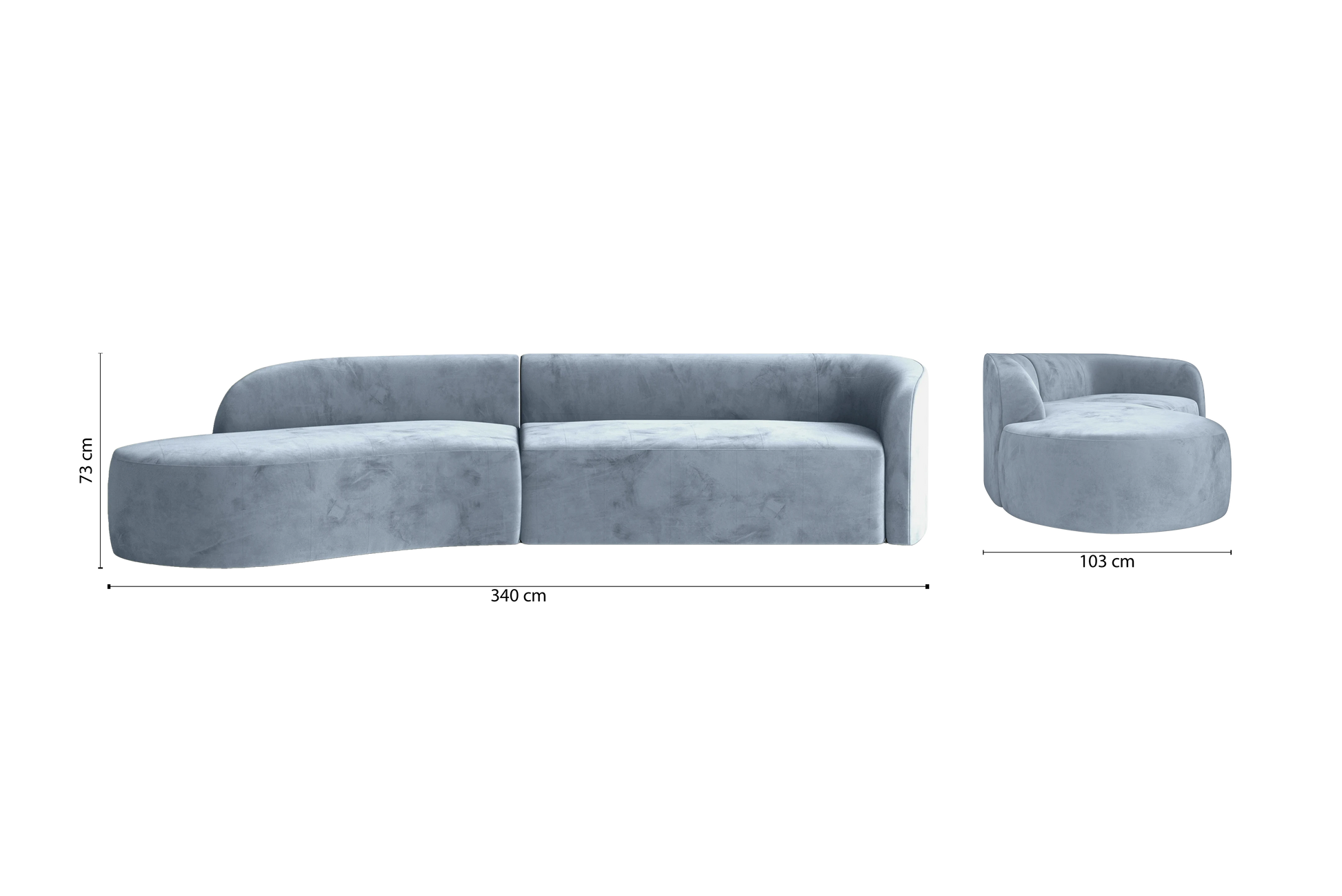 Caserta 4 Seater Left Hand Facing Chaise Lounge Corner Sofa Baby Blue Velvet