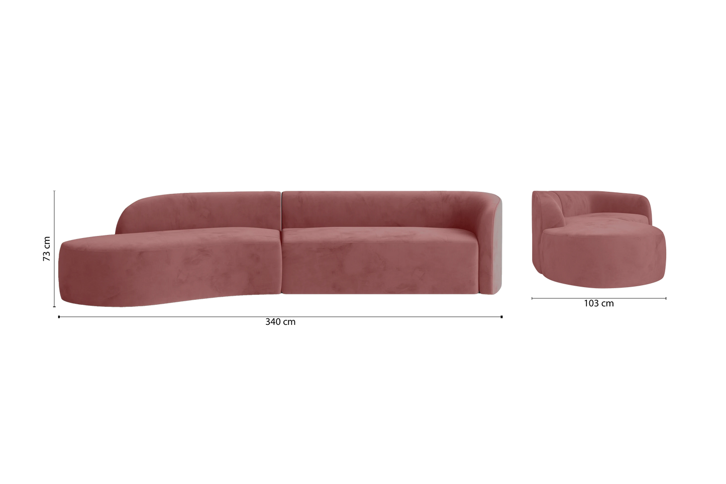 Caserta 4 Seater Left Hand Facing Chaise Lounge Corner Sofa Pink Velvet