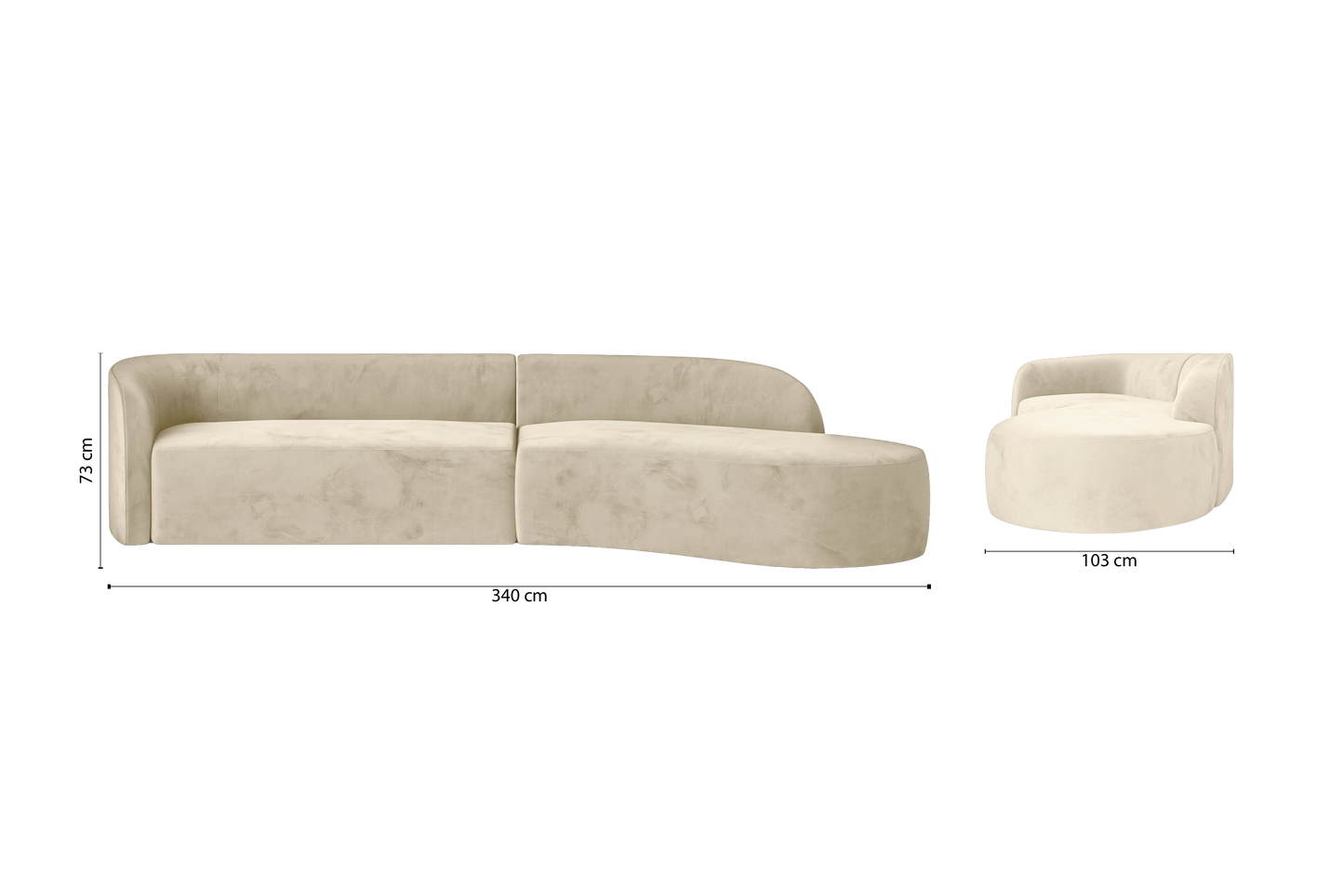 Caserta 4 Seater Right Hand Facing Chaise Lounge Corner Sofa Cream Velvet