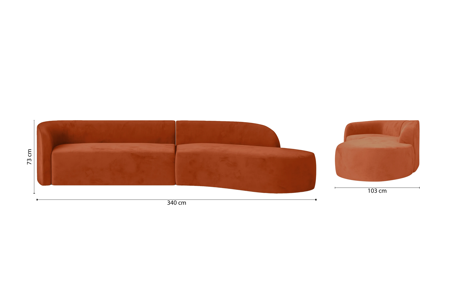 Caserta 4 Seater Right Hand Facing Chaise Lounge Corner Sofa Orange Velvet