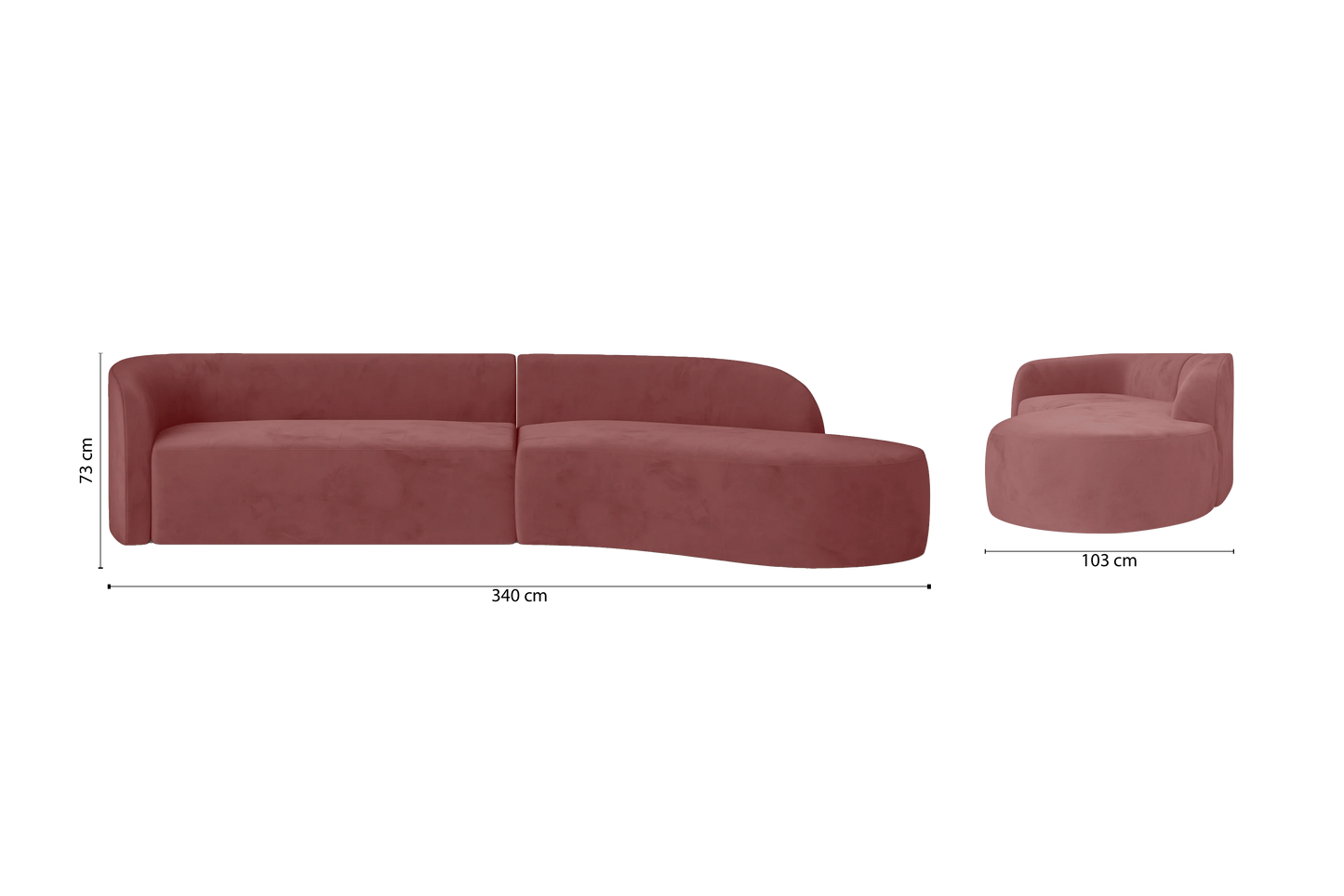 Caserta 4 Seater Right Hand Facing Chaise Lounge Corner Sofa Pink Velvet