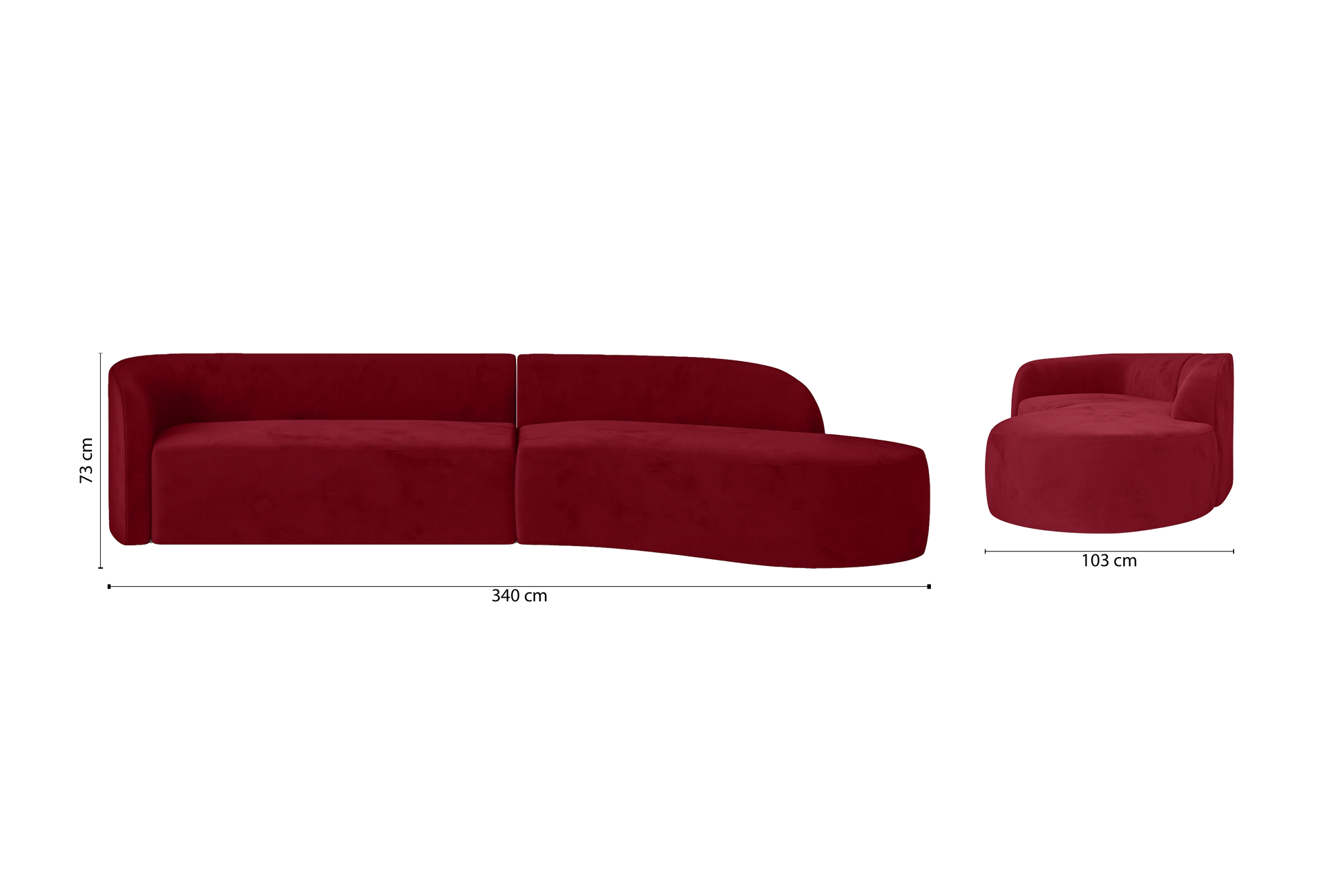 Caserta 4 Seater Right Hand Facing Chaise Lounge Corner Sofa Red Velvet