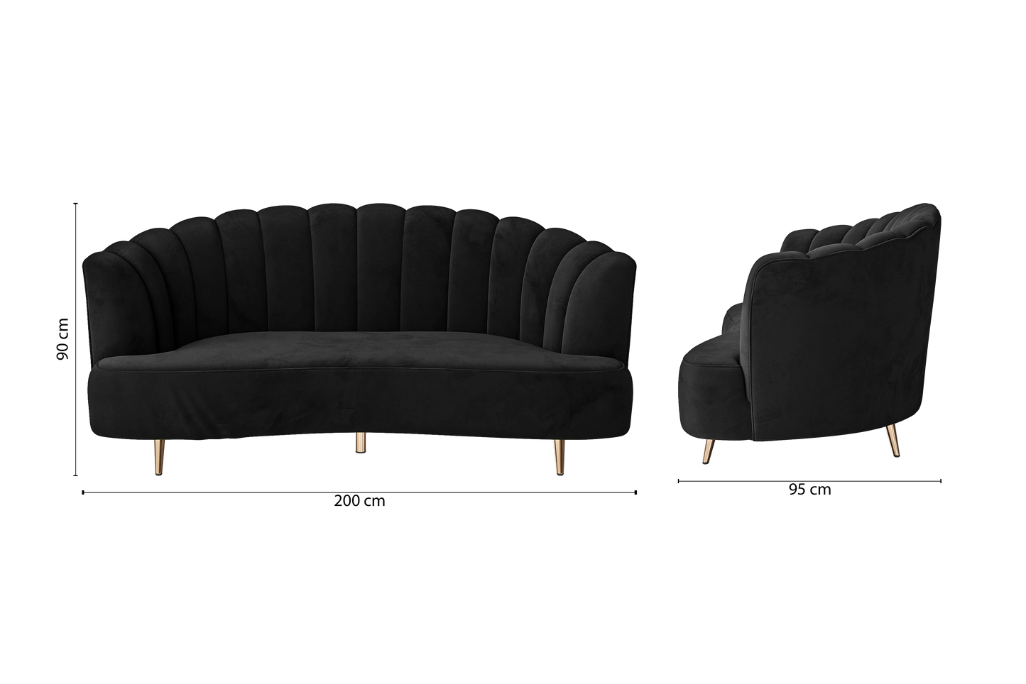 Elena 3 Seater Sofa Black Velvet