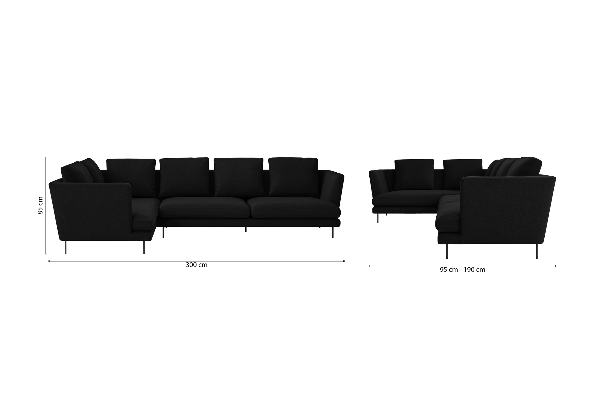 Faenza 4 Seater Left Hand Facing Chaise Lounge Corner Sofa Black Linen Fabric