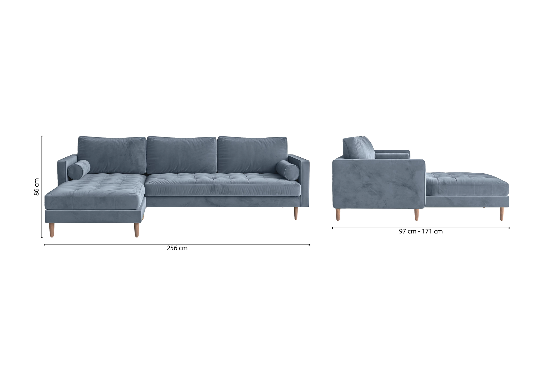 Gela 3 Seater Left Hand Facing Chaise Lounge Corner Sofa Baby Blue Velvet