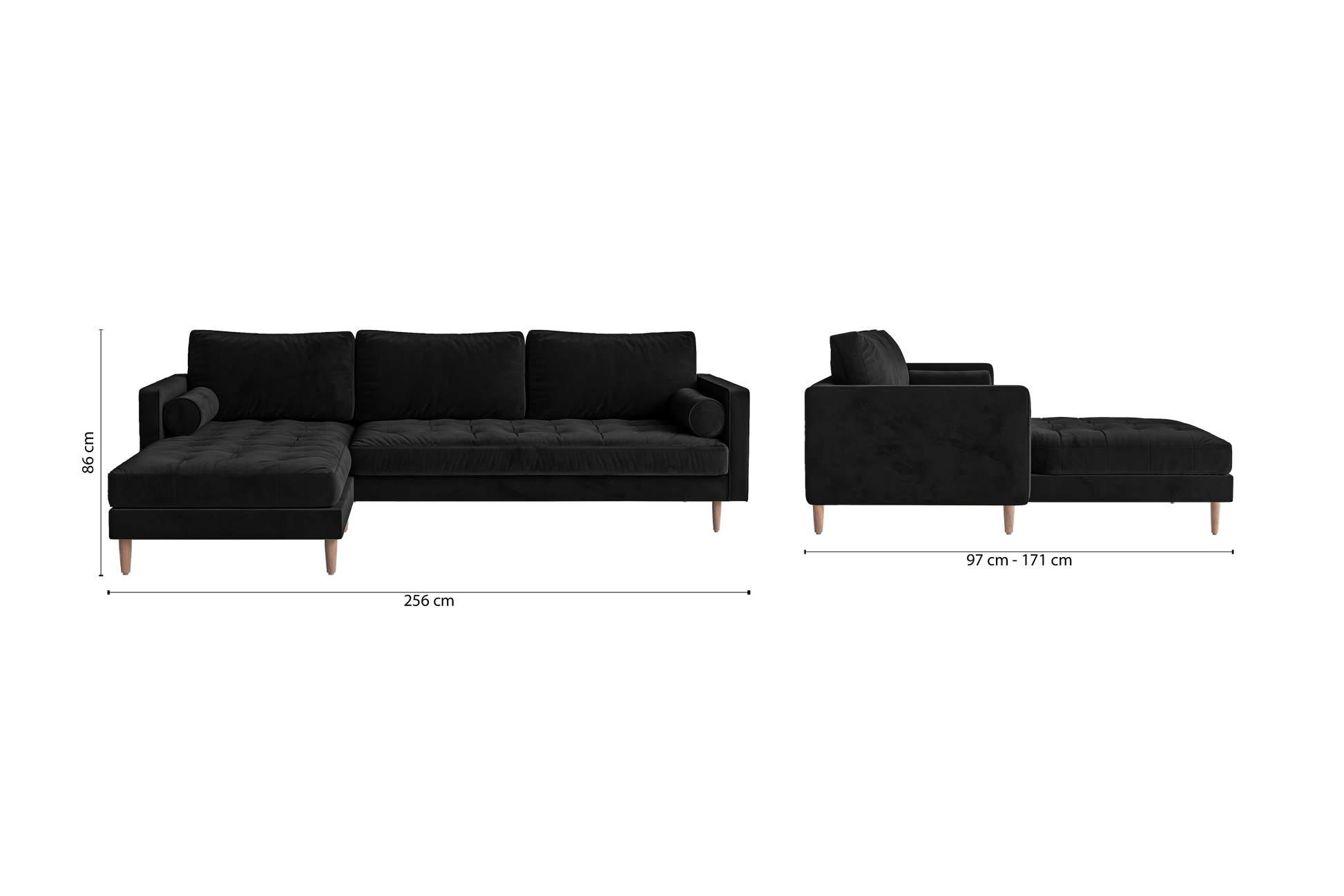 Gela 3 Seater Left Hand Facing Chaise Lounge Corner Sofa Black Velvet