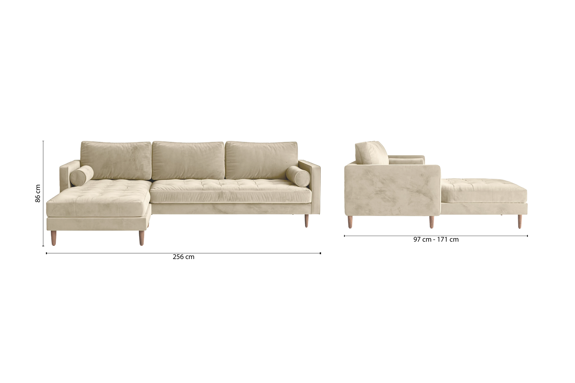 Gela 3 Seater Left Hand Facing Chaise Lounge Corner Sofa Cream Velvet