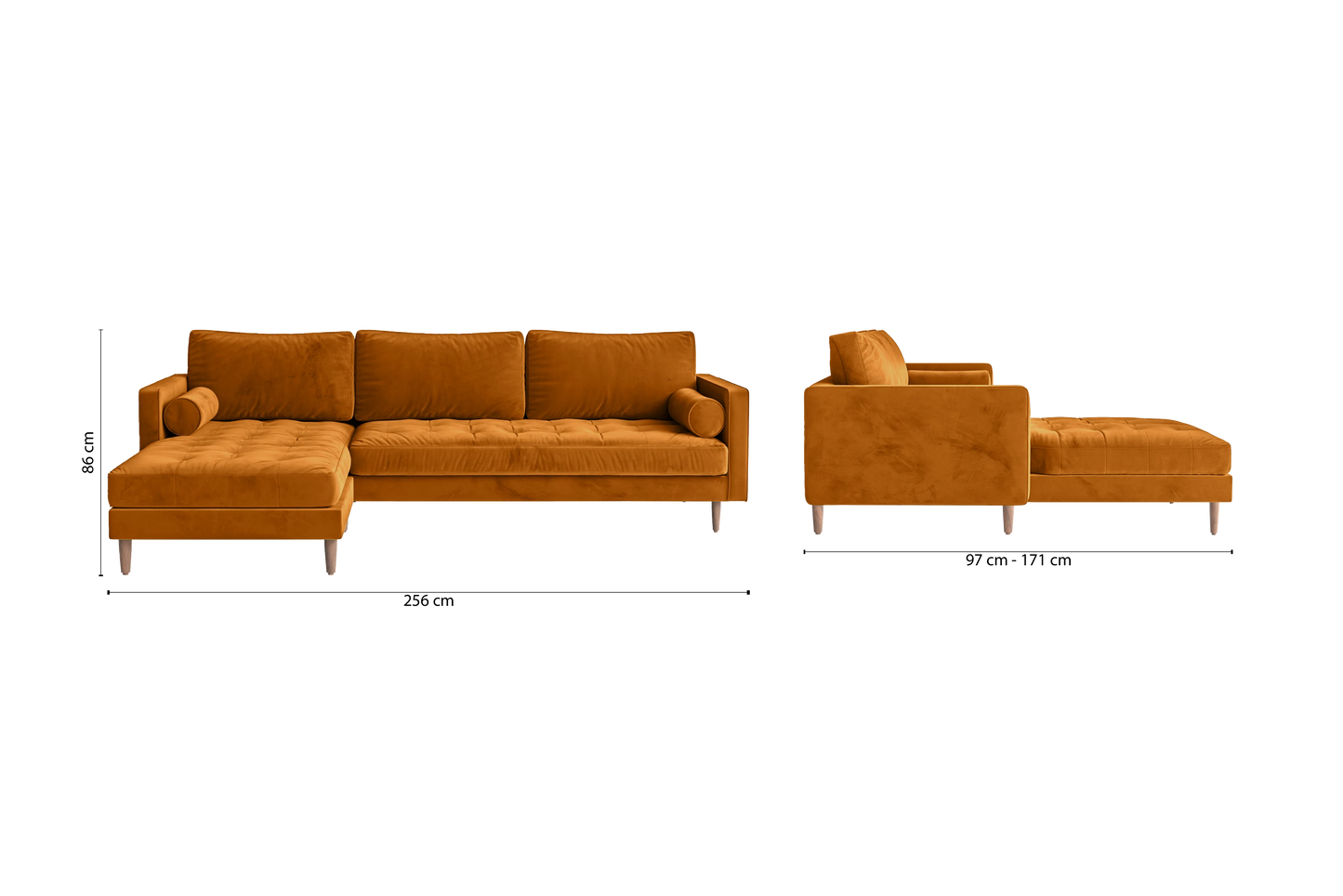 Gela 3 Seater Left Hand Facing Chaise Lounge Corner Sofa Gold Velvet