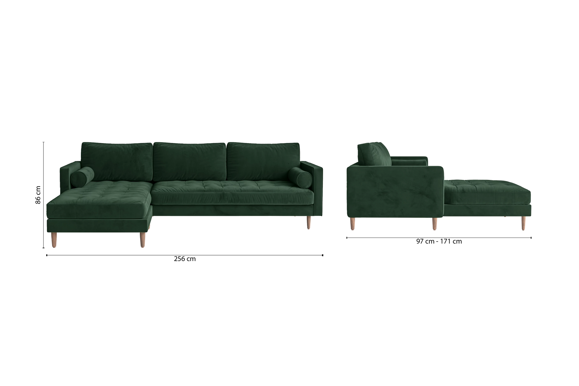 Gela 3 Seater Left Hand Facing Chaise Lounge Corner Sofa Green Velvet