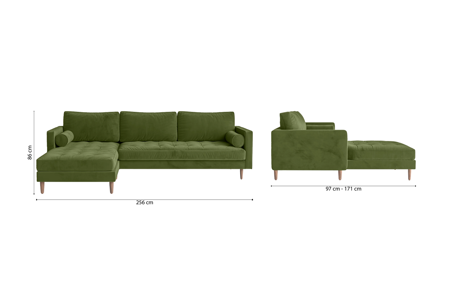 Gela 3 Seater Left Hand Facing Chaise Lounge Corner Sofa Lime Velvet