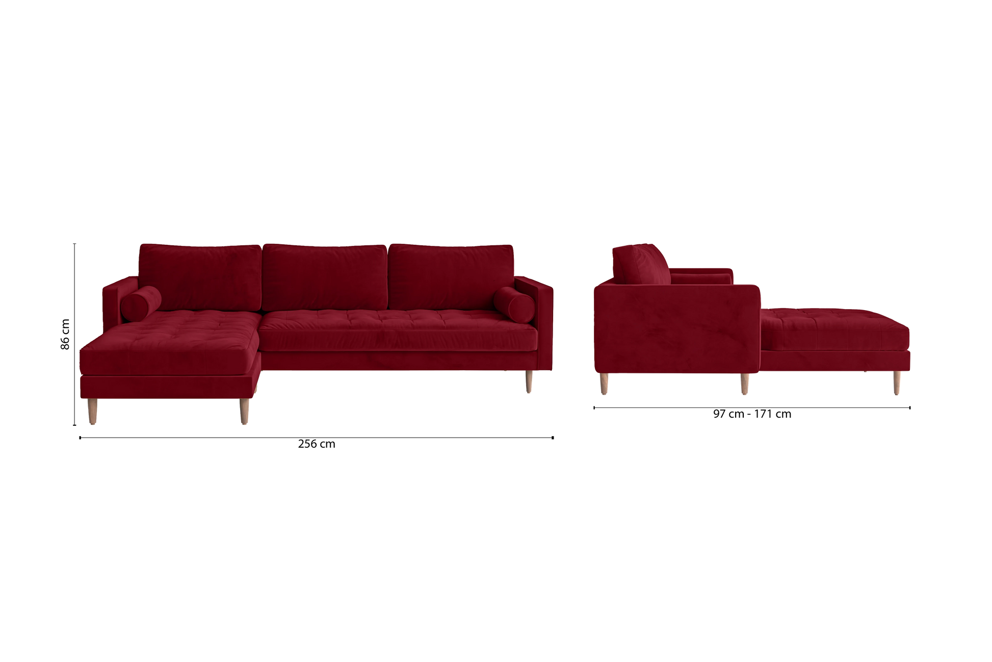 Gela 3 Seater Left Hand Facing Chaise Lounge Corner Sofa Red Velvet