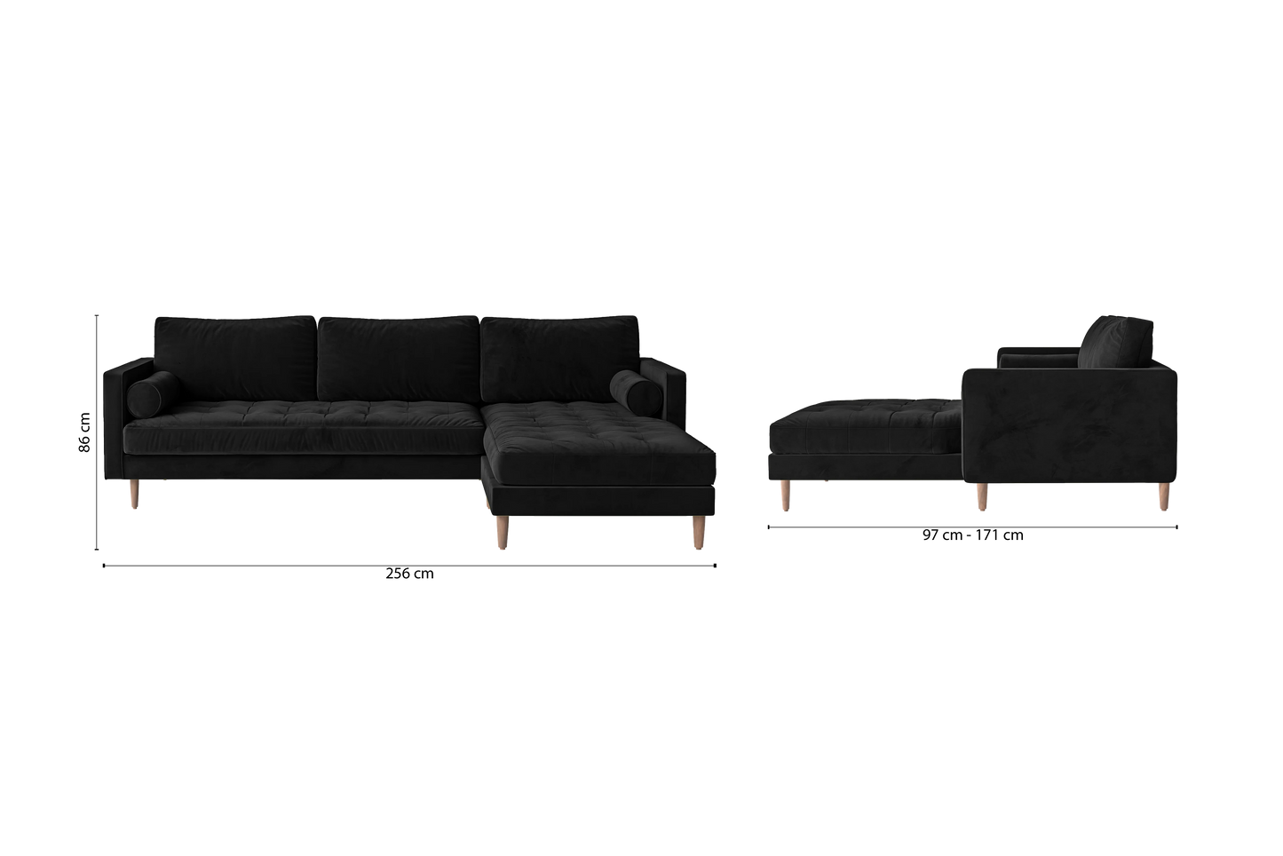 Gela 3 Seater Right Hand Facing Chaise Lounge Corner Sofa Black Velvet