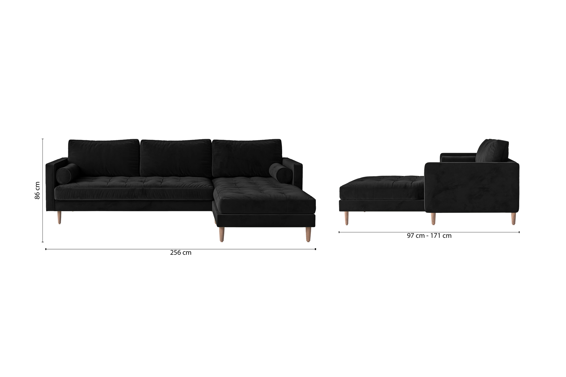 Gela 3 Seater Right Hand Facing Chaise Lounge Corner Sofa Black Velvet