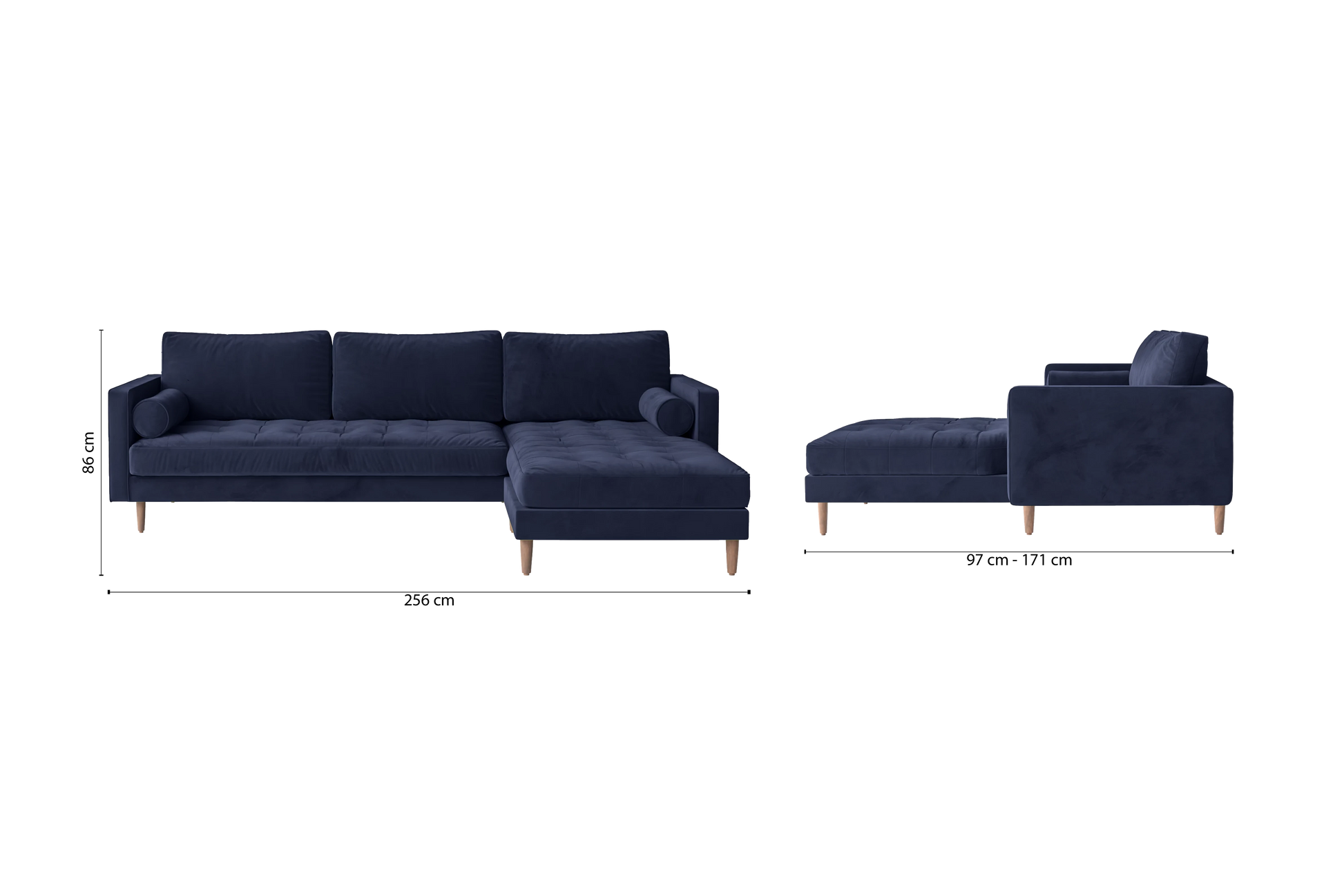 Gela 3 Seater Right Hand Facing Chaise Lounge Corner Sofa Dark Blue Velvet