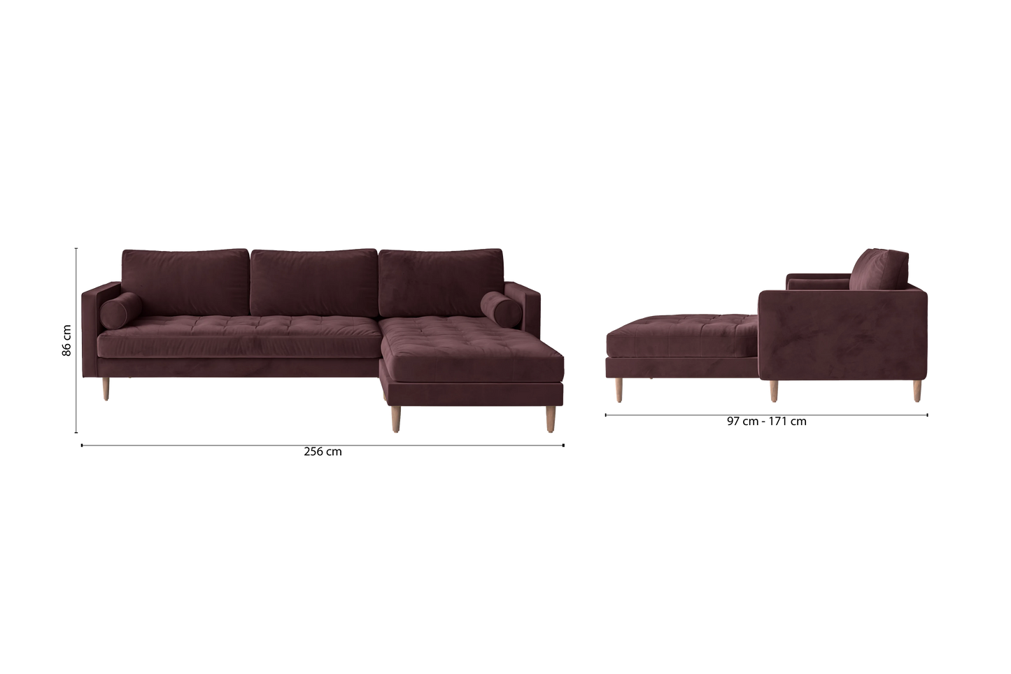 Gela 3 Seater Right Hand Facing Chaise Lounge Corner Sofa Grape Velvet