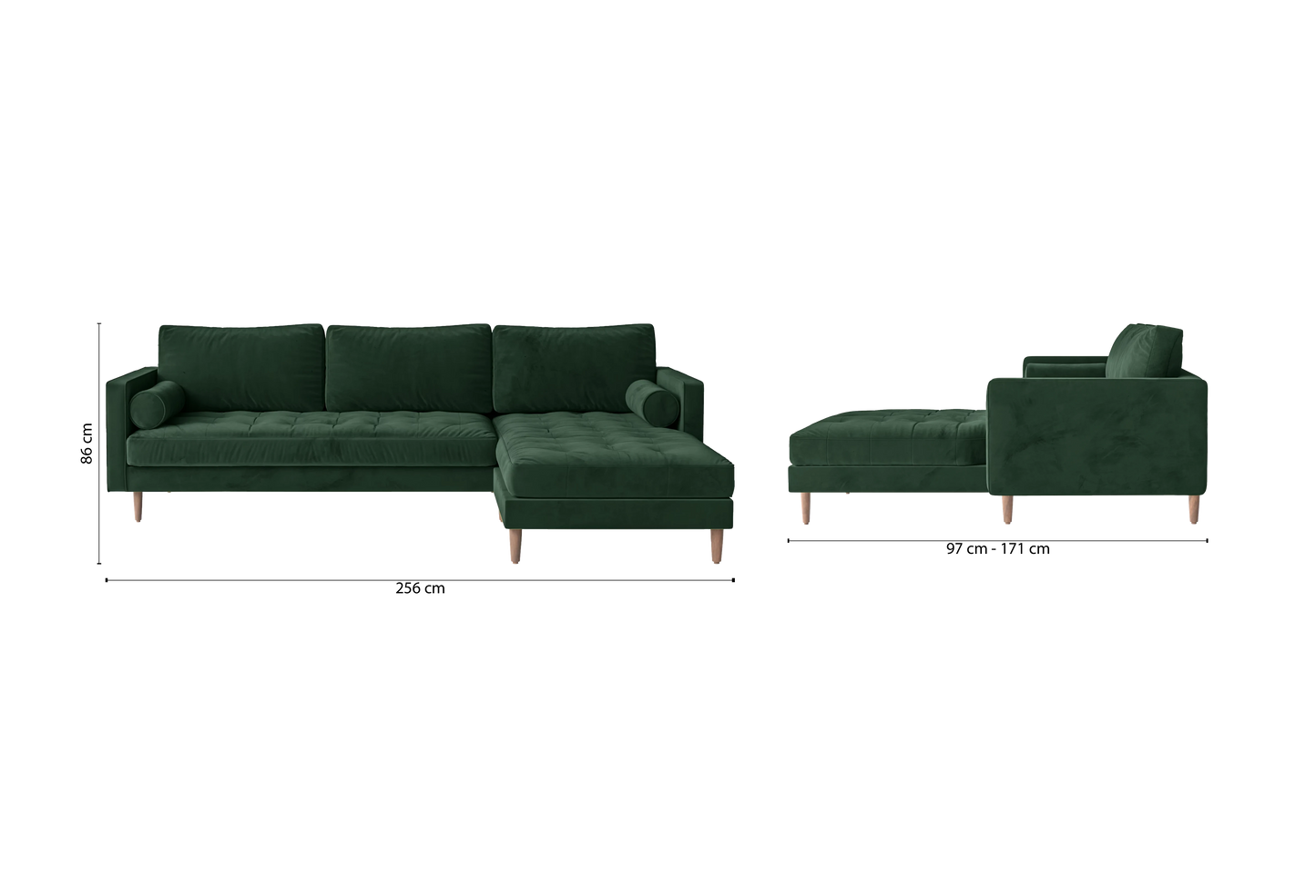 Gela 3 Seater Right Hand Facing Chaise Lounge Corner Sofa Green Velvet