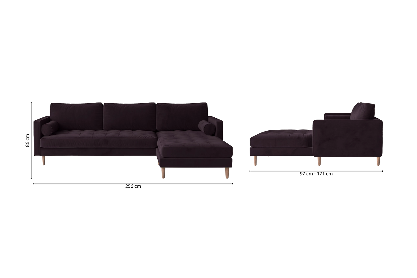 Gela 3 Seater Right Hand Facing Chaise Lounge Corner Sofa Purple Velvet