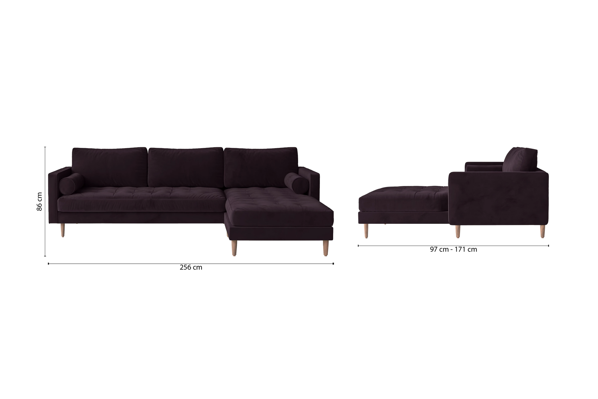 Gela 3 Seater Right Hand Facing Chaise Lounge Corner Sofa Purple Velvet