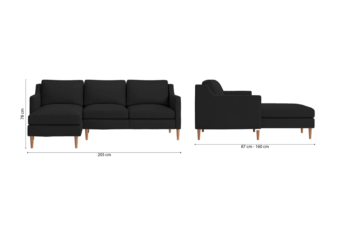 Greco 3 Seater Left Hand Facing Chaise Lounge Corner Sofa Black Leather