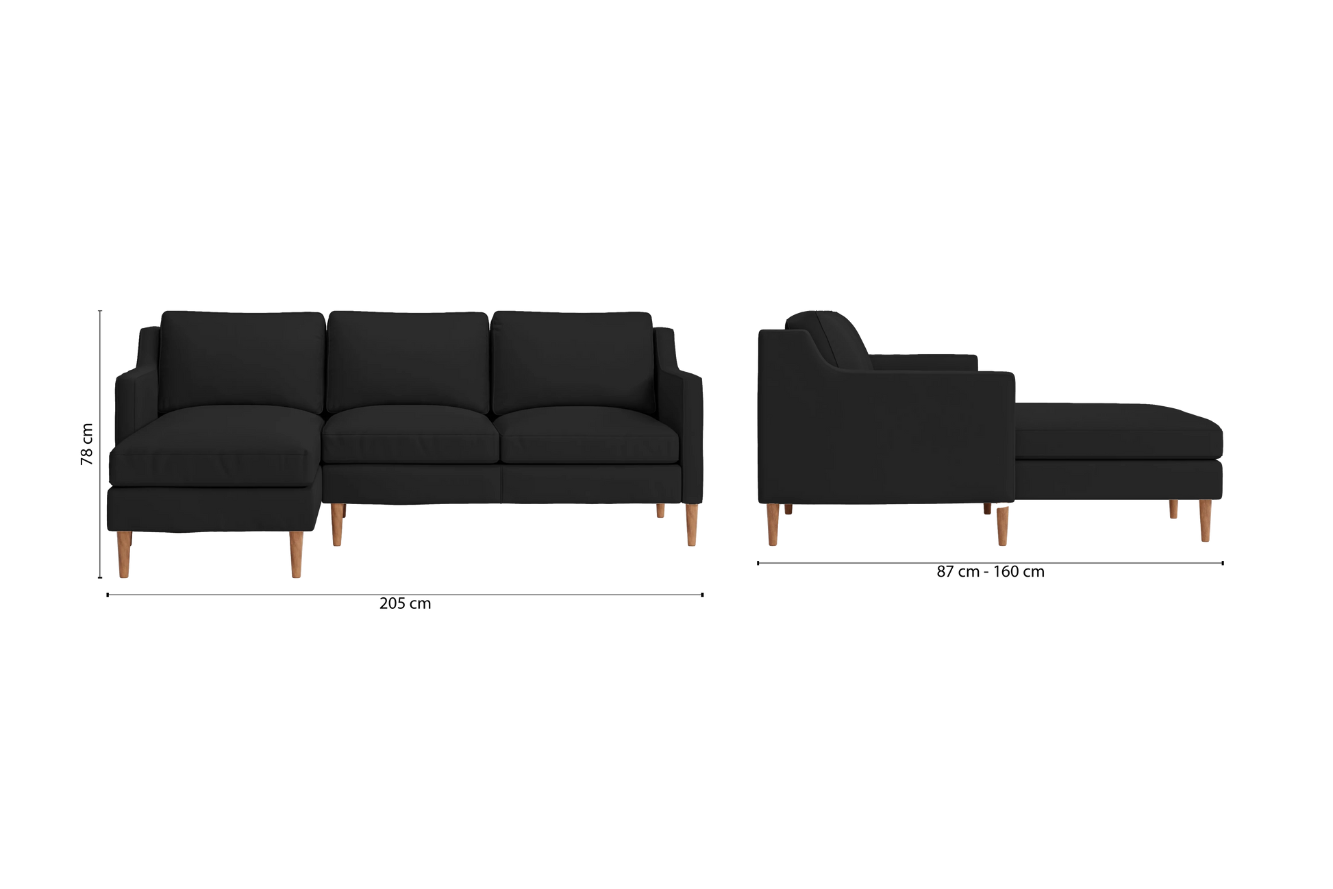 Greco 3 Seater Left Hand Facing Chaise Lounge Corner Sofa Black Leather