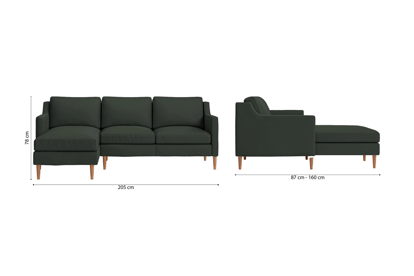 Greco 3 Seater Left Hand Facing Chaise Lounge Corner Sofa Green Leather