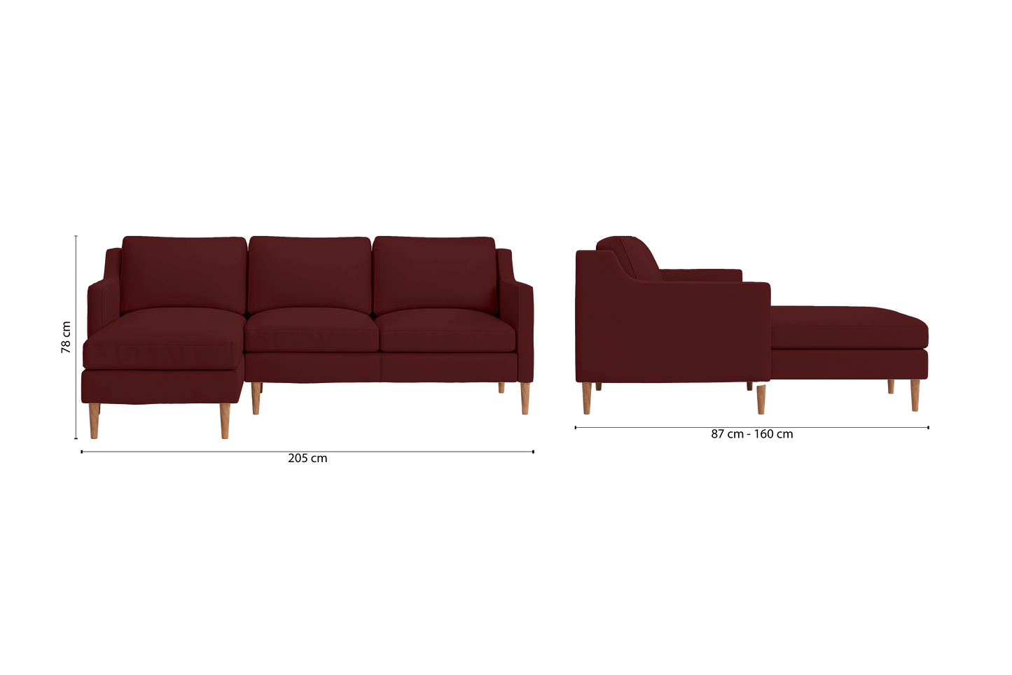 Greco 3 Seater Left Hand Facing Chaise Lounge Corner Sofa Red Leather