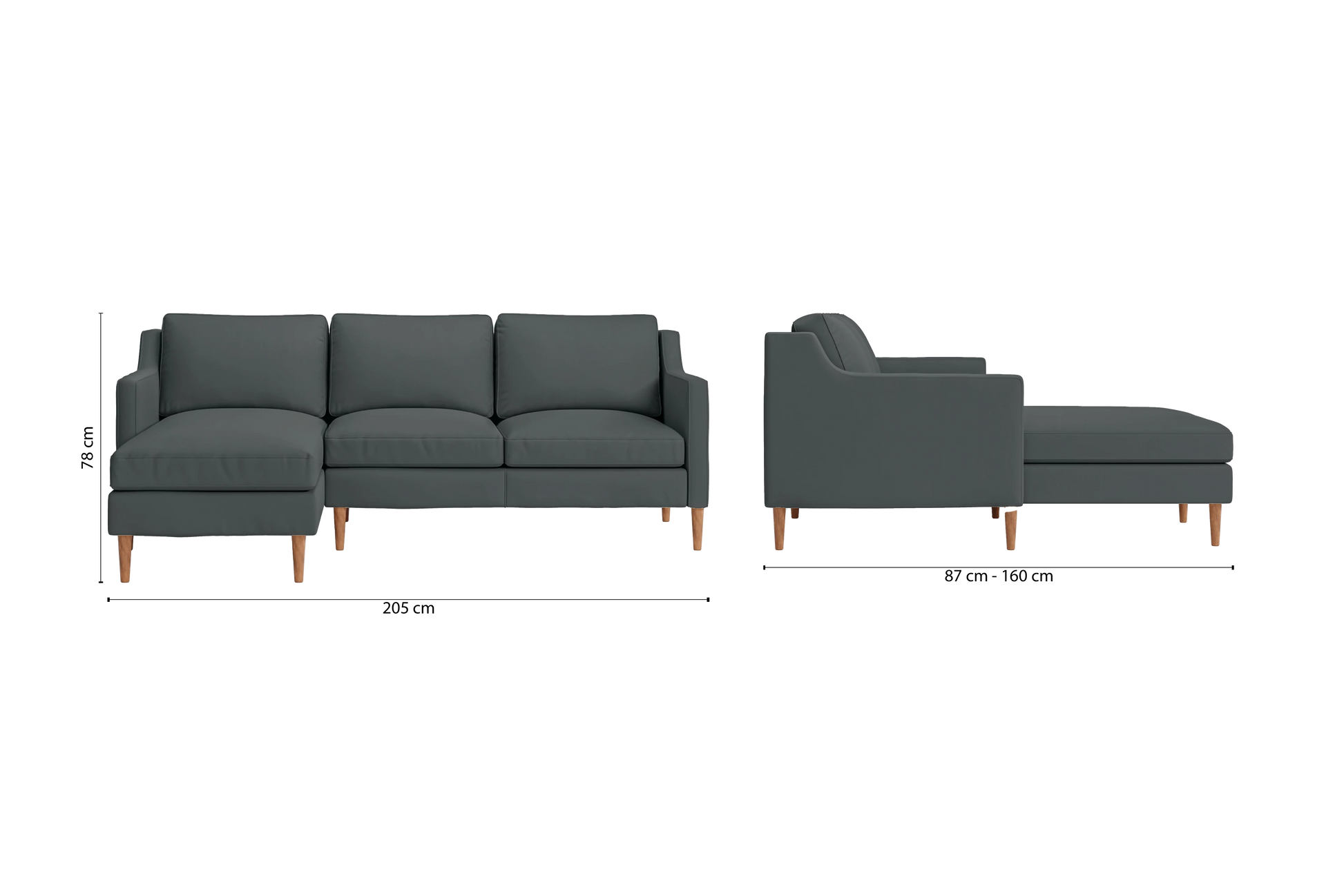 Greco 3 Seater Left Hand Facing Chaise Lounge Corner Sofa Slate Leather