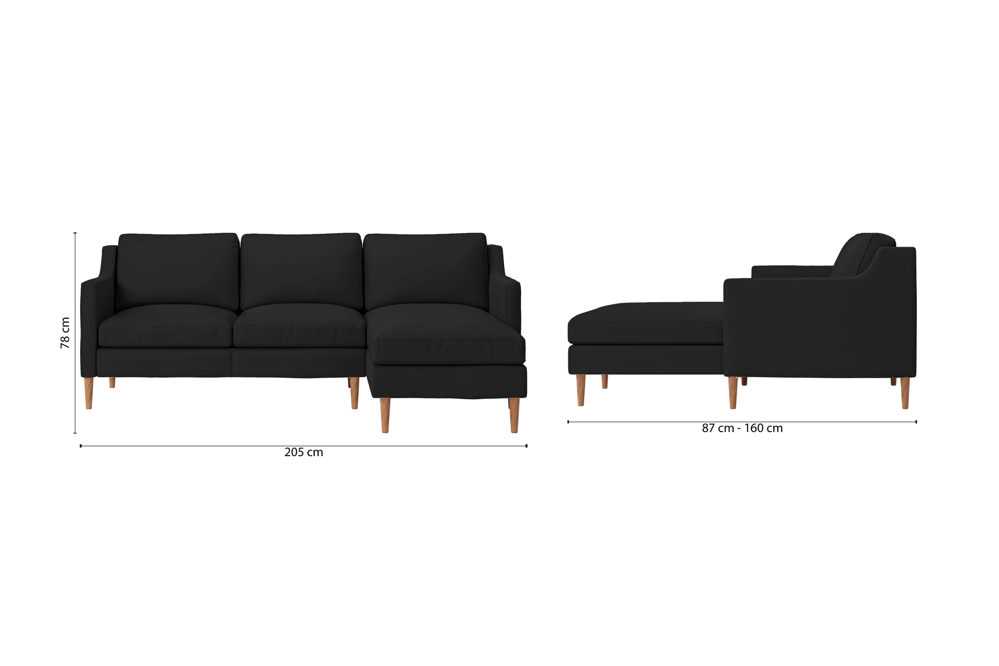 Greco 3 Seater Right Hand Facing Chaise Lounge Corner Sofa Black Leather