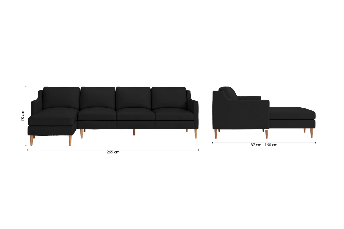 Greco 4 Seater Left Hand Facing Chaise Lounge Corner Sofa Black Leather