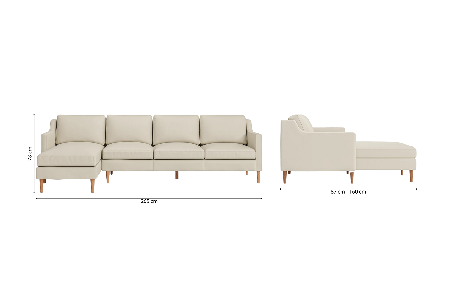 Greco 4 Seater Left Hand Facing Chaise Lounge Corner Sofa Cream Leather