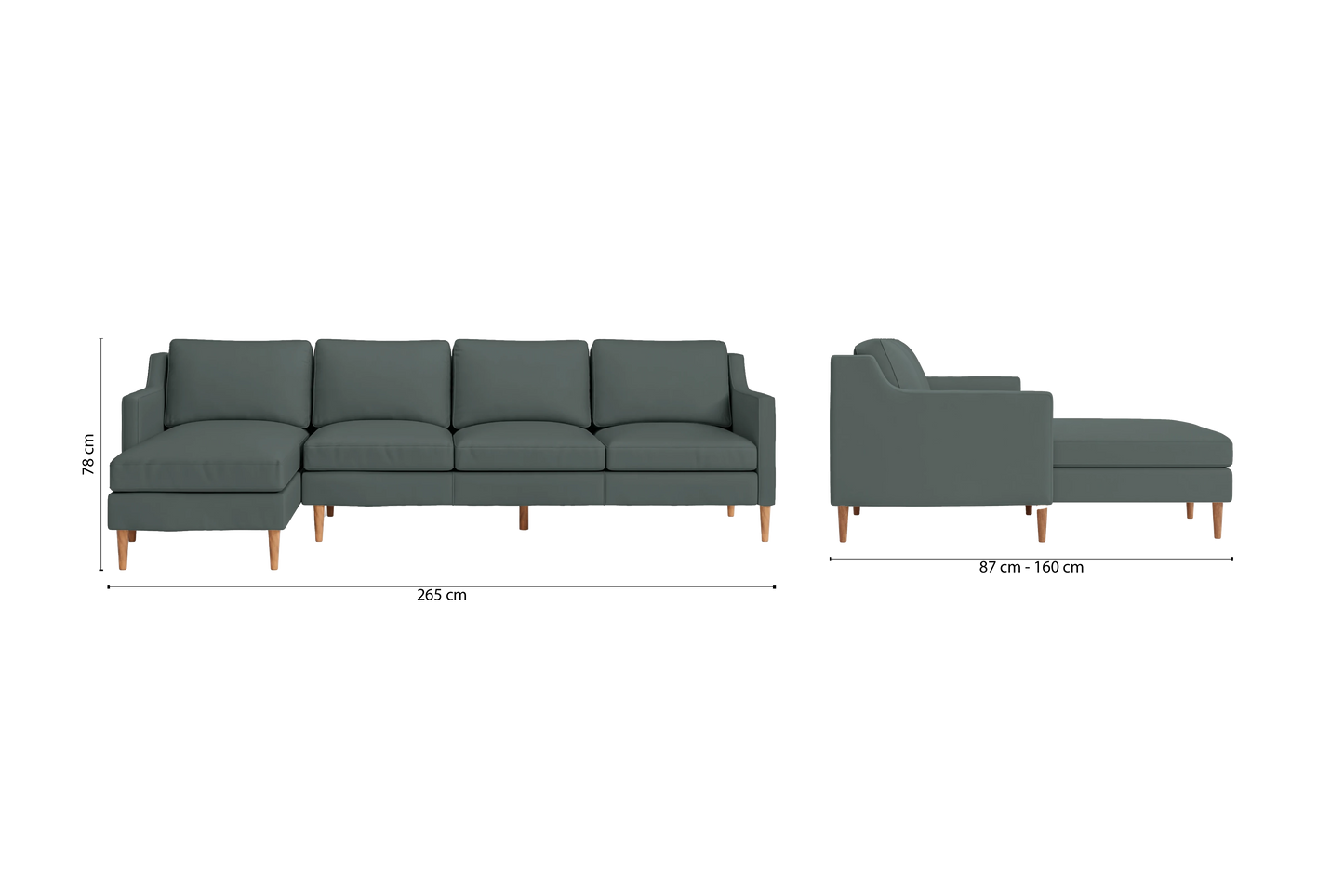 Greco 4 Seater Left Hand Facing Chaise Lounge Corner Sofa Dusky Turquoise Leather