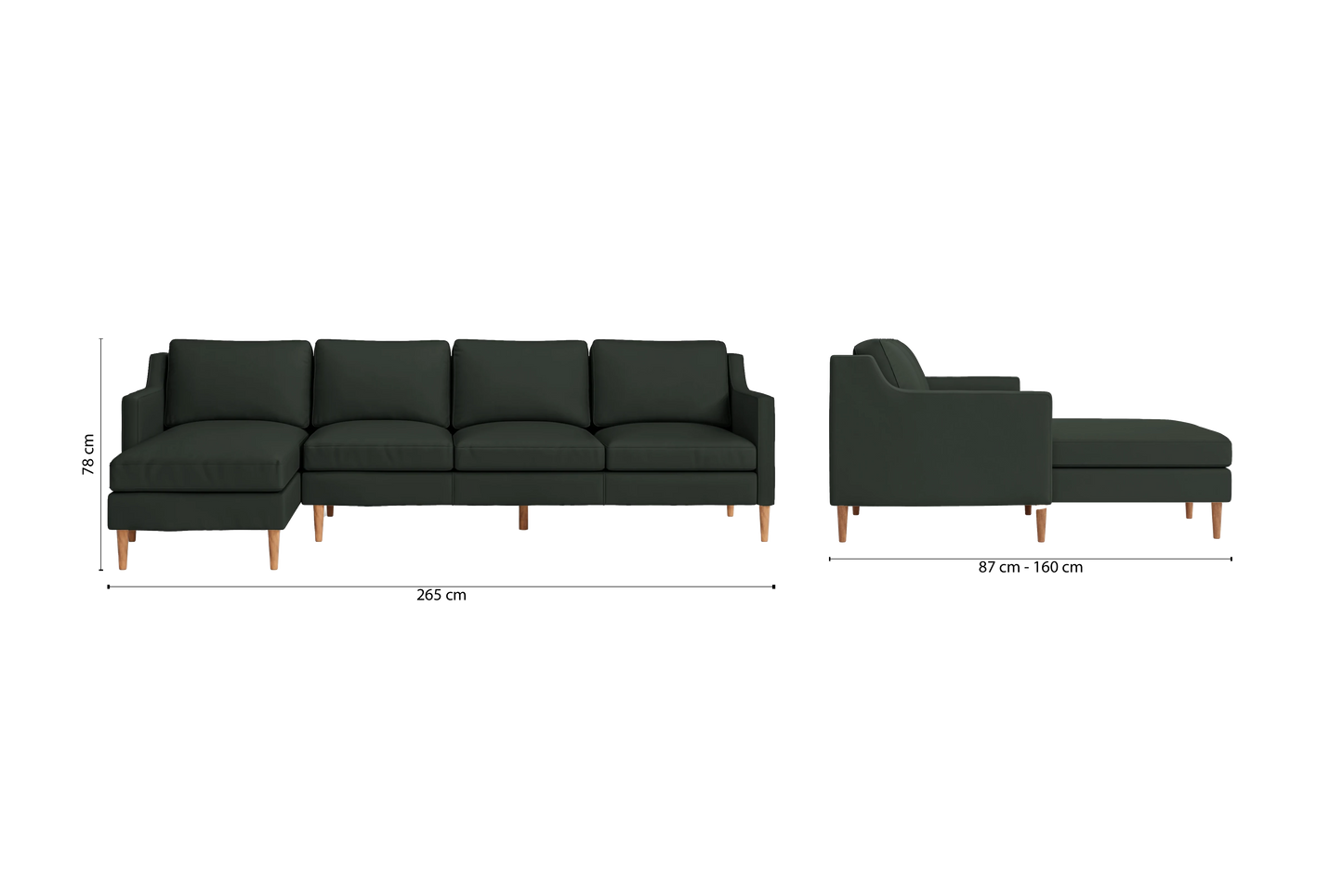 Greco 4 Seater Left Hand Facing Chaise Lounge Corner Sofa Green Leather