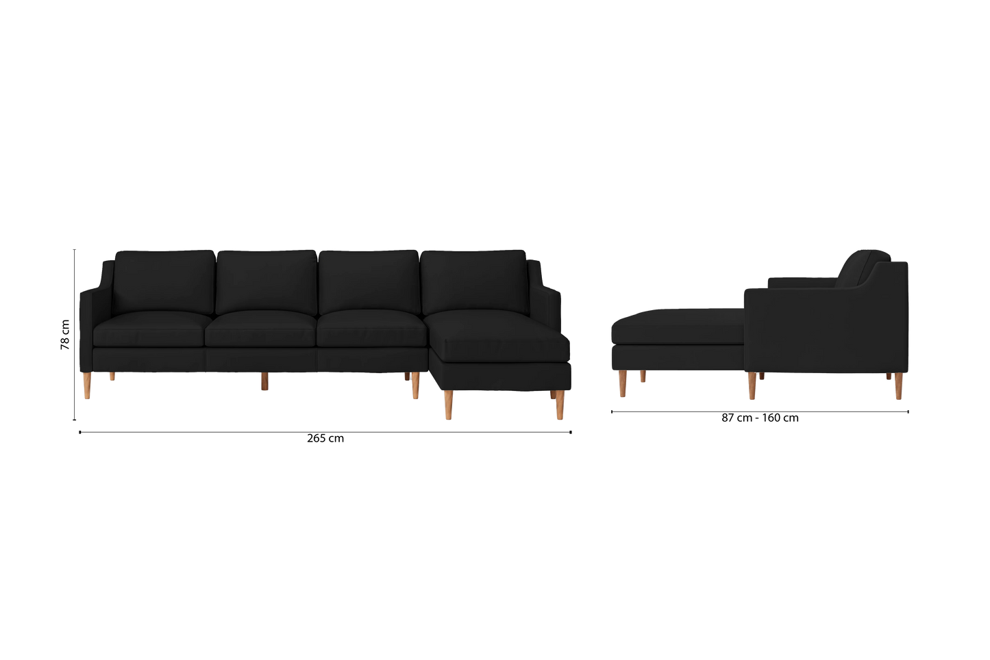 Greco 4 Seater Right Hand Facing Chaise Lounge Corner Sofa Black Leather