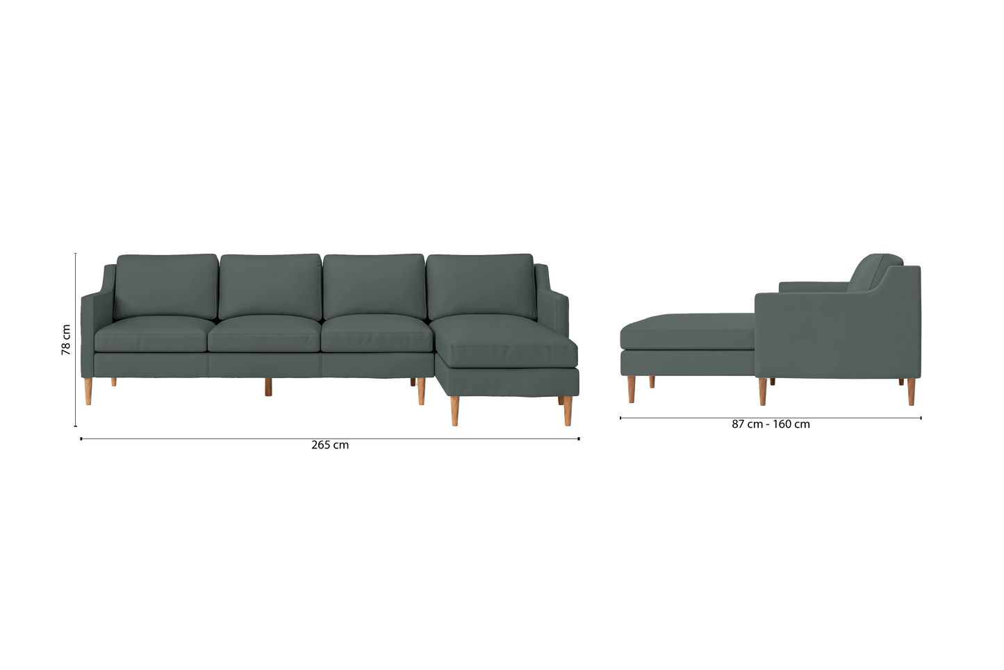 Greco 4 Seater Right Hand Facing Chaise Lounge Corner Sofa Dusky Turquoise Leather