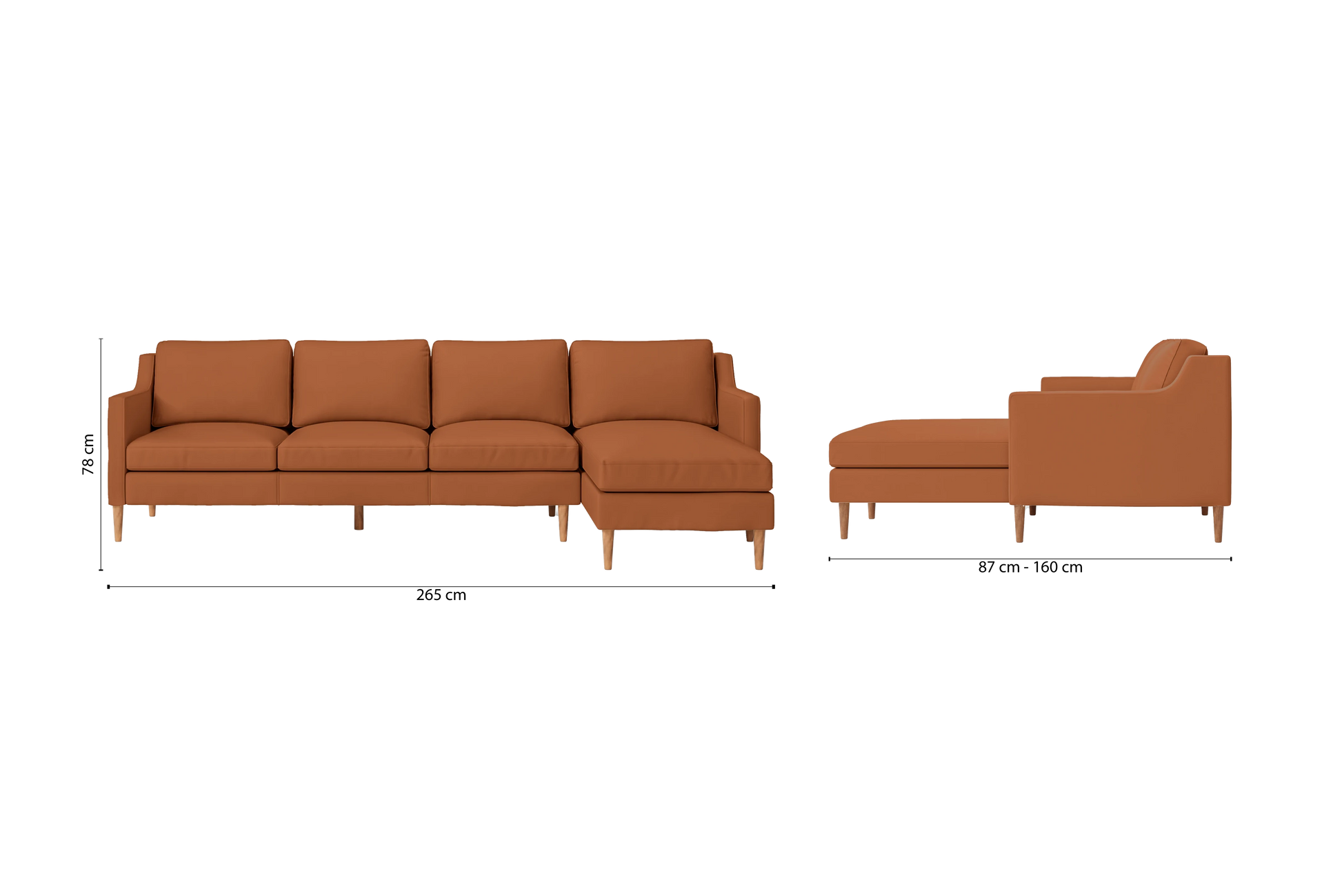 Greco 4 Seater Right Hand Facing Chaise Lounge Corner Sofa Tan Brown Leather