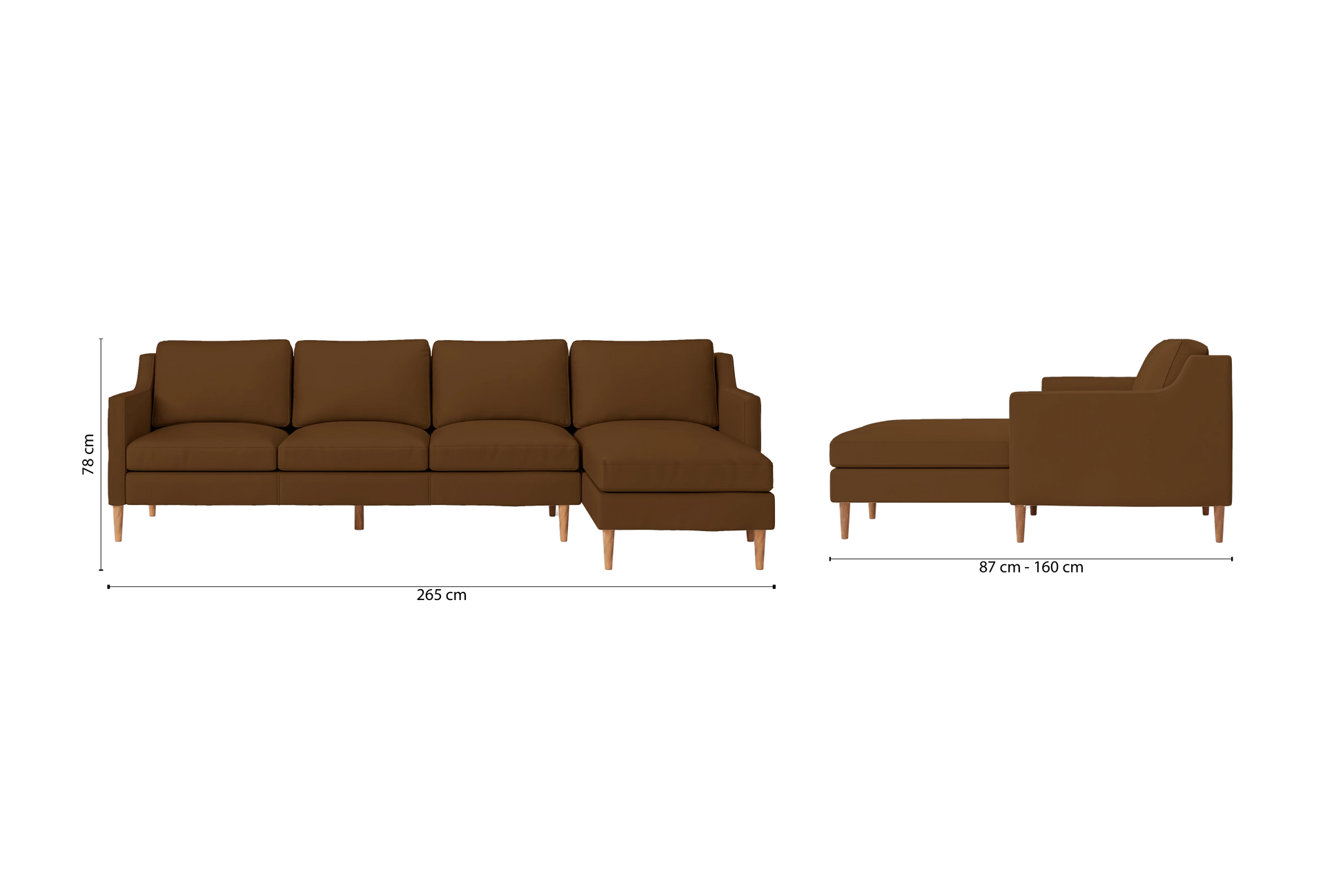 Greco 4 Seater Right Hand Facing Chaise Lounge Corner Sofa Walnut Brown Leather