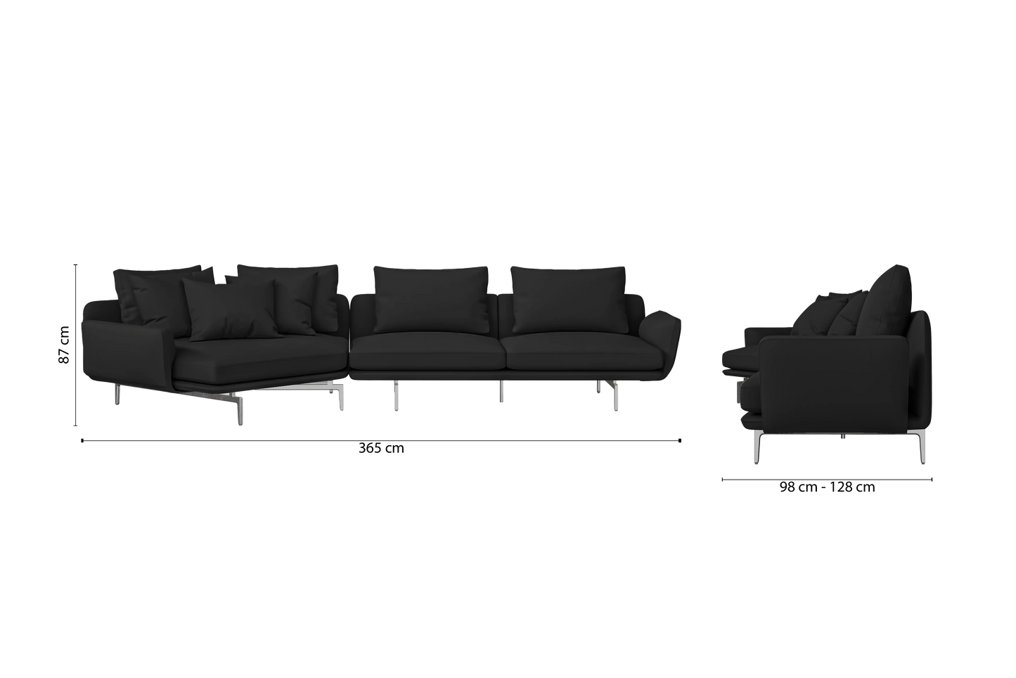 Legnano 4 Seater Left Hand Facing Chaise Lounge Corner Sofa Black Leather