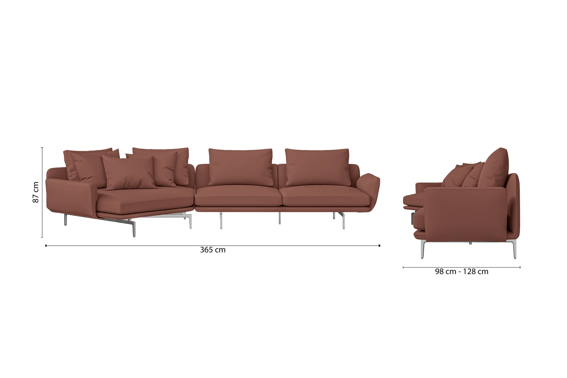 Legnano 4 Seater Left Hand Facing Chaise Lounge Corner Sofa Mauve Leather