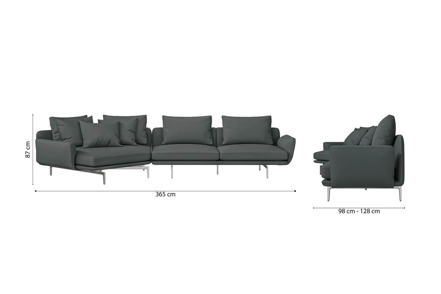 Legnano 4 Seater Left Hand Facing Chaise Lounge Corner Sofa Slate Leather