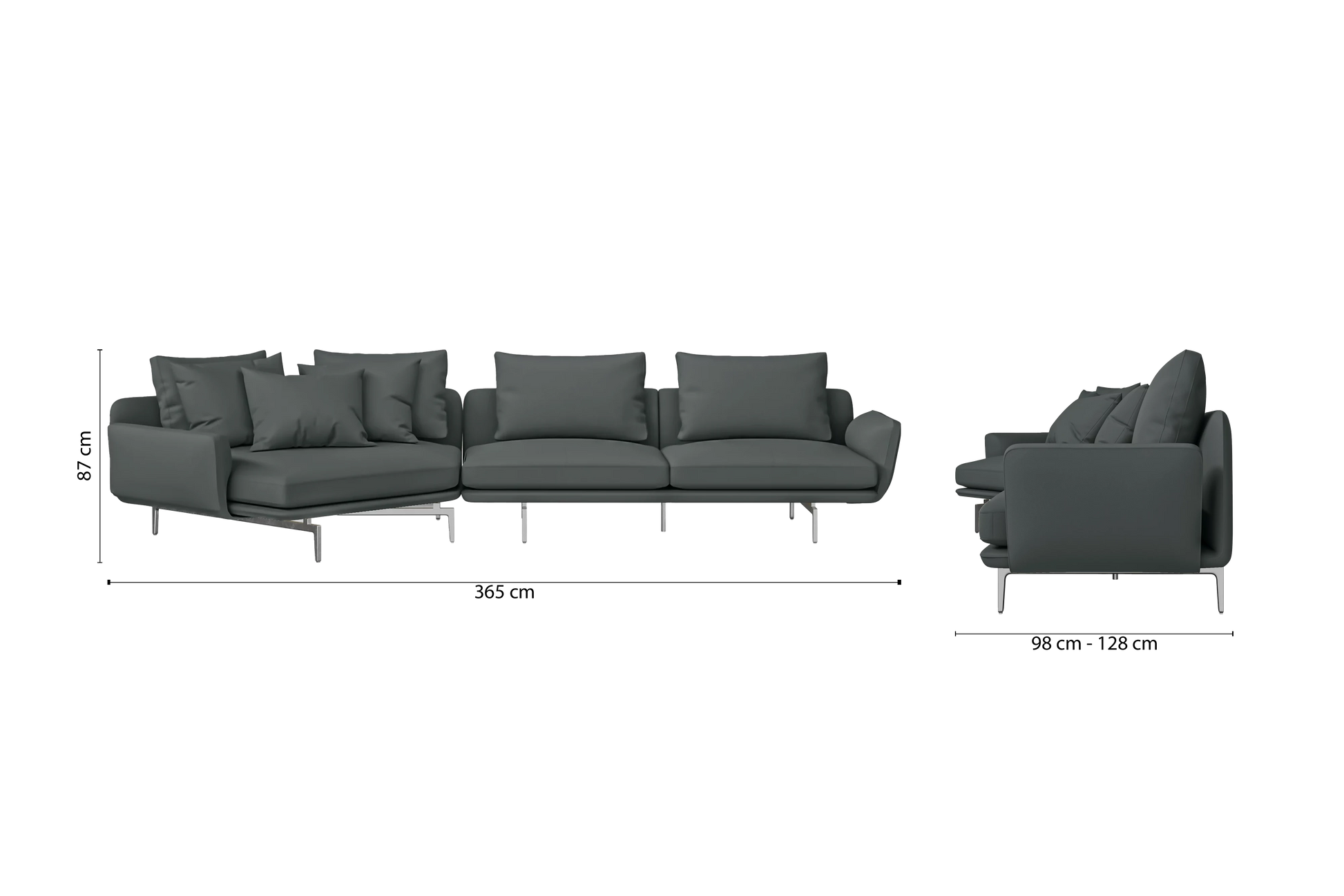 Legnano 4 Seater Left Hand Facing Chaise Lounge Corner Sofa Slate Leather