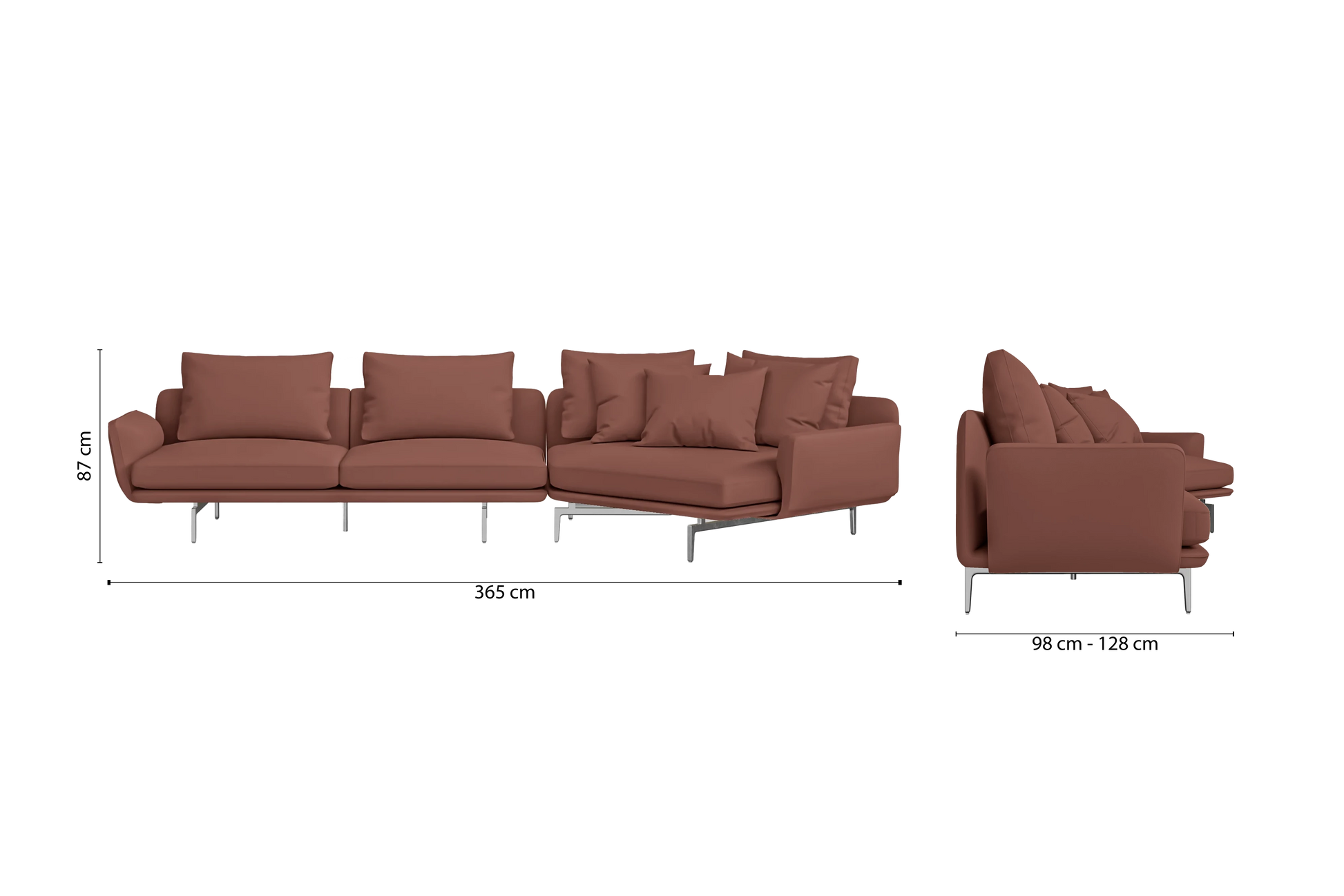 Legnano 4 Seater Right Hand Facing Chaise Lounge Corner Sofa Mauve Leather