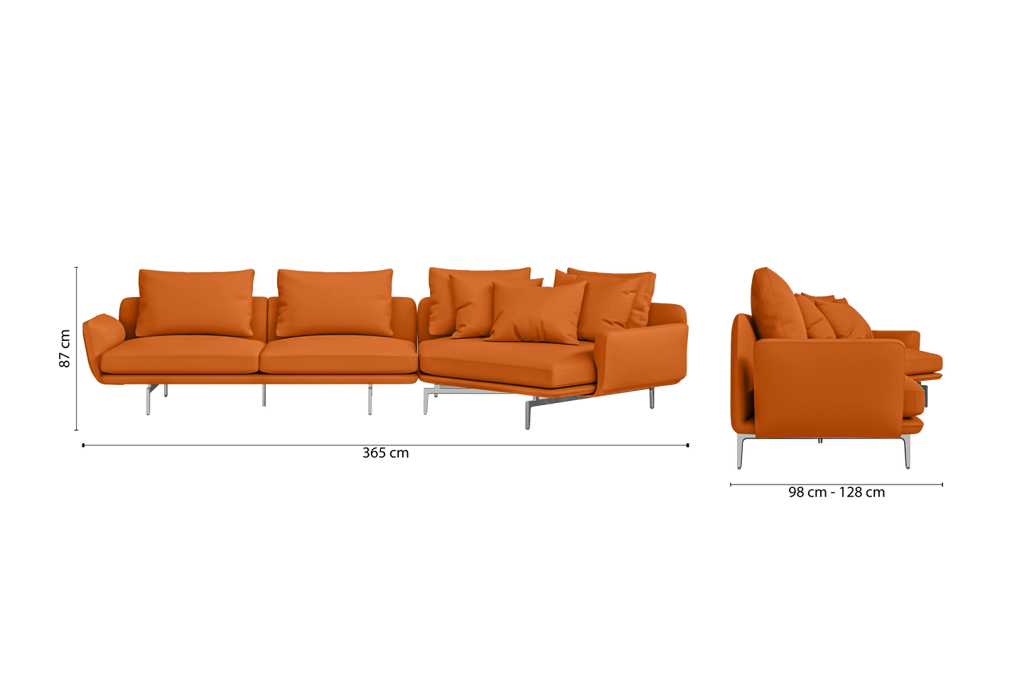 Legnano 4 Seater Right Hand Facing Chaise Lounge Corner Sofa Orange Leather