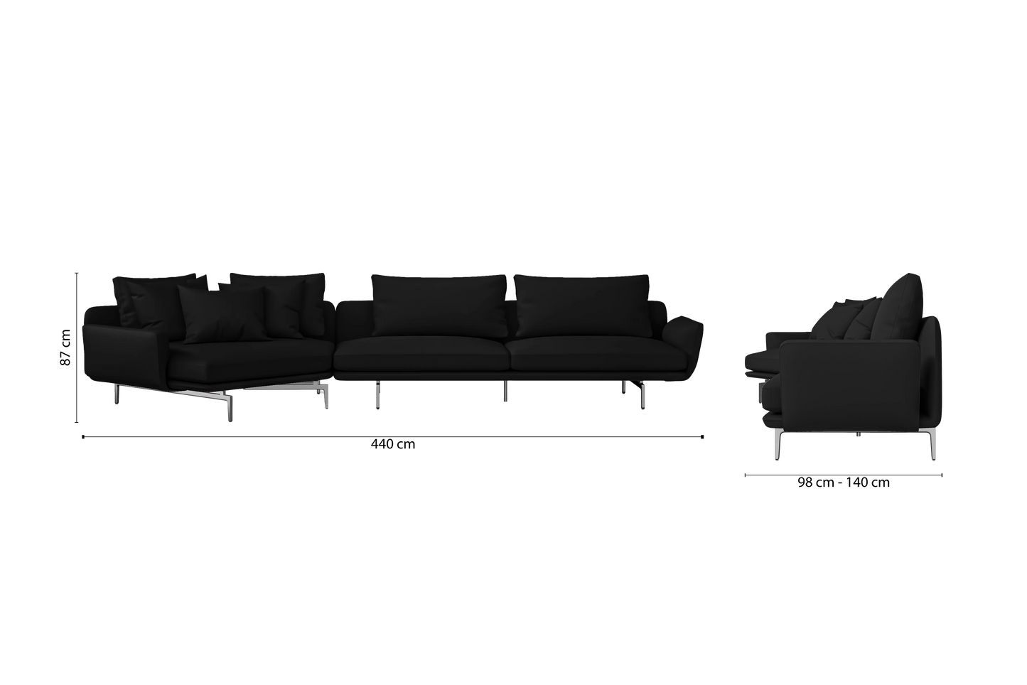 Legnano 5 Seater Left Hand Facing Chaise Lounge Corner Sofa Black Leather