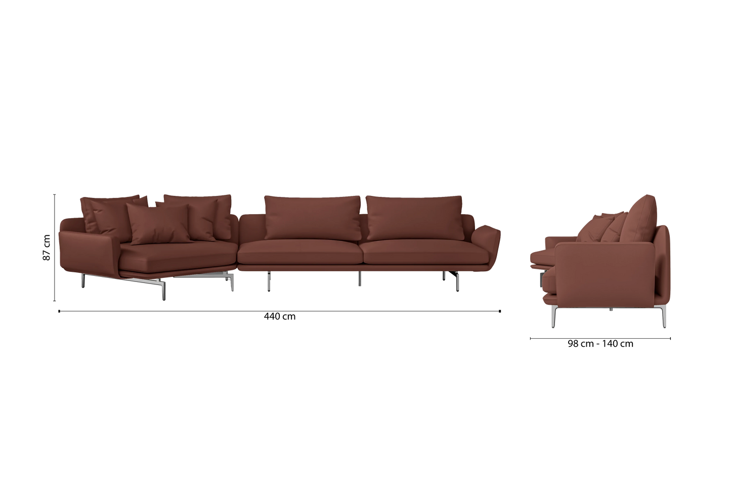 Legnano 5 Seater Left Hand Facing Chaise Lounge Corner Sofa Mauve Leather