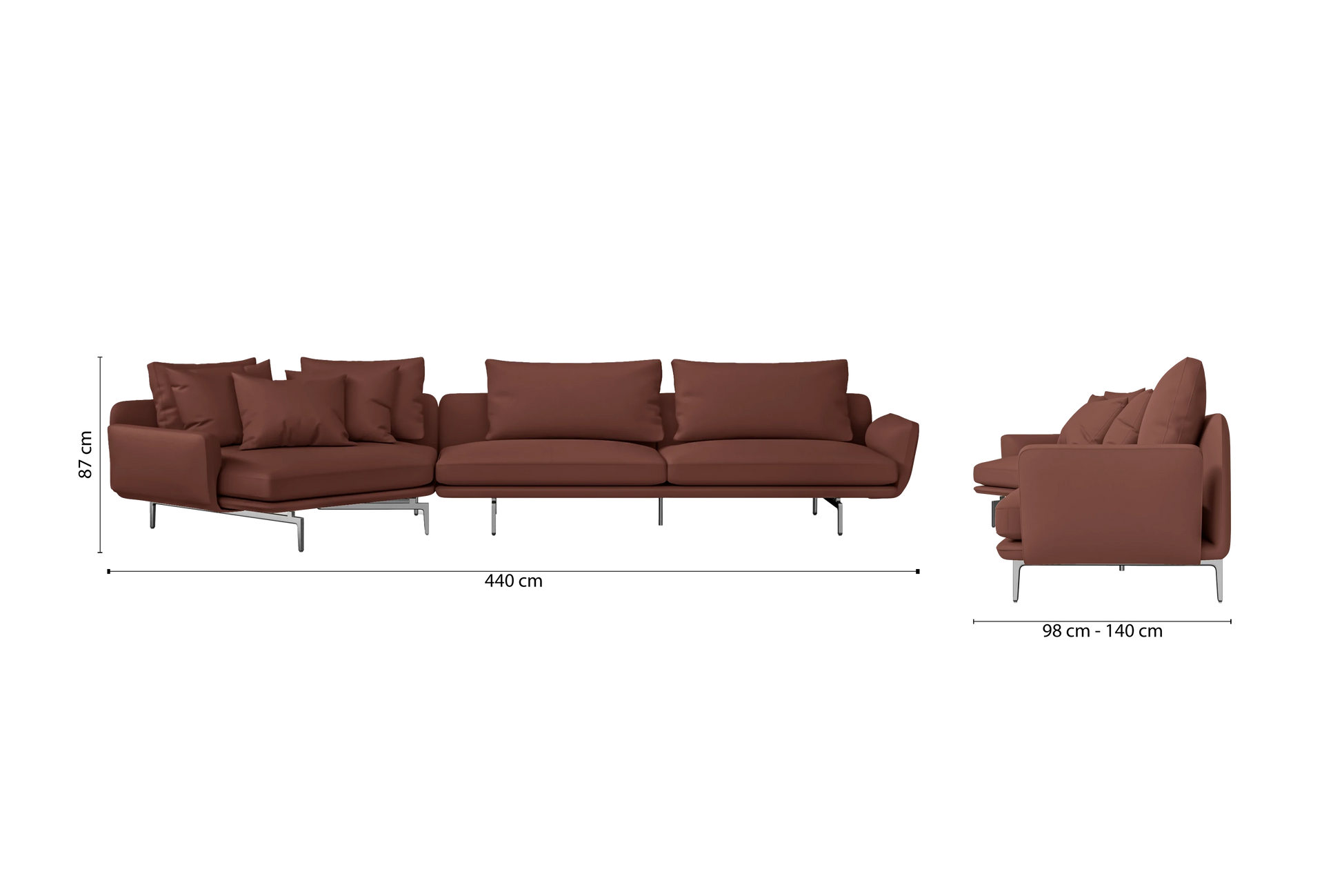 Legnano 5 Seater Left Hand Facing Chaise Lounge Corner Sofa Mauve Leather